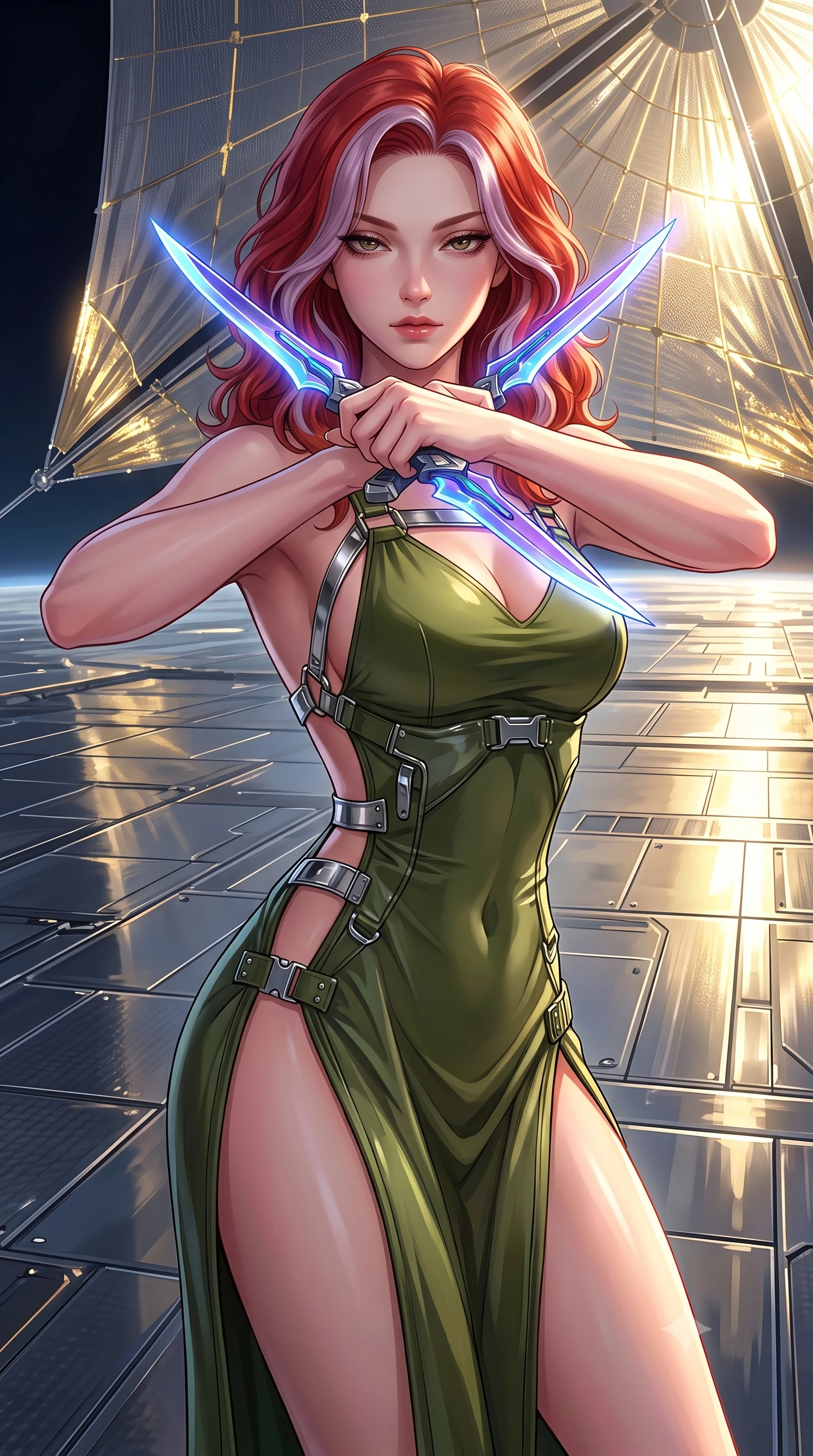 score_9, masterpiece, best quality, ultra-detailed, high-budget anime keyframe, editorial fashion photography, tasteful artistic composition, Caucasian woman. close-up cowboy shot from the waist and thighs up, the character dominates the composition, filling the frame with her large presence, background elements kept in soft focus. holding two energy daggers crossed in front of her elegant collarbone, casting a heavy-lidded, sultry look, the background shows a soft-focus the reflective carbon-foil deck of a massive orbital solar-sail ship. She has an exceptionally elegant, slender, and willowy female figure with an ultra-slim waist, a gracefully sculpted slender torso, and a refined silhouette. sharp v-shaped jawline, high-bridge nose, intricate jewel-like eyes with depth, thick eyelashes, glossy lips with a natural sheen. wearing a form-contouring dramatic open-back maxi combat dress in olive green, featuring a high thigh slit and chrome straps. intense solar glare reflecting off gold foil, casting harsh, metallic side-key light. highly saturated vibrant anime colors, detailed shading with soft gradients, rich glossy textures, high-contrast stereoscopic depth, volumetric dynamic lighting, master piece, 9:16 ratio