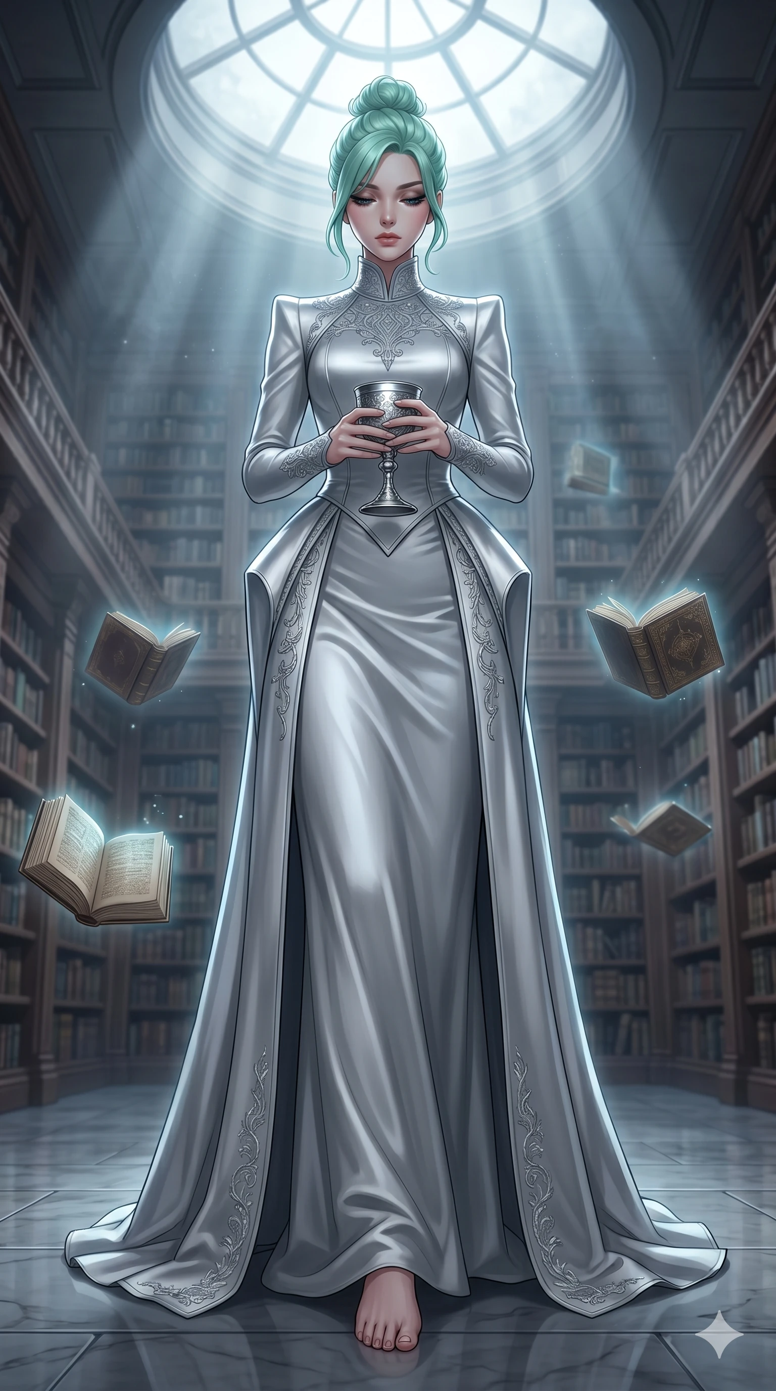 score_9, masterpiece, best quality, ultra-detailed, high-budget anime keyframe, editorial fashion photography, tasteful artistic composition, Japanese woman. low angle full-body shot from head to toe showing her feet, filling the entire 9:16 vertical frame with her statuesque presence, stretching her vertical silhouette. holding a silver chalice, looking down with lowered lashes in a composed, powerful gesture in a grand library chamber with floating books and a round skylight (Code-P18-049). She has an absolutely perfect 8-heads proportion, an exceptionally tall and slender female figure with impossibly long slender legs and an ultra-slim waist. V-shaped jawline, high-bridge nose, intricate jewel-like eyes with depth, thick eyelashes, glossy lips with a natural sheen. wearing a structured high-neck heavy satin gown with long sleeves. cool silver moonlight filtered through the mist, creating a dramatic, ethereal rim light. 2k, ultra detail, master piece, 9:16 ratio