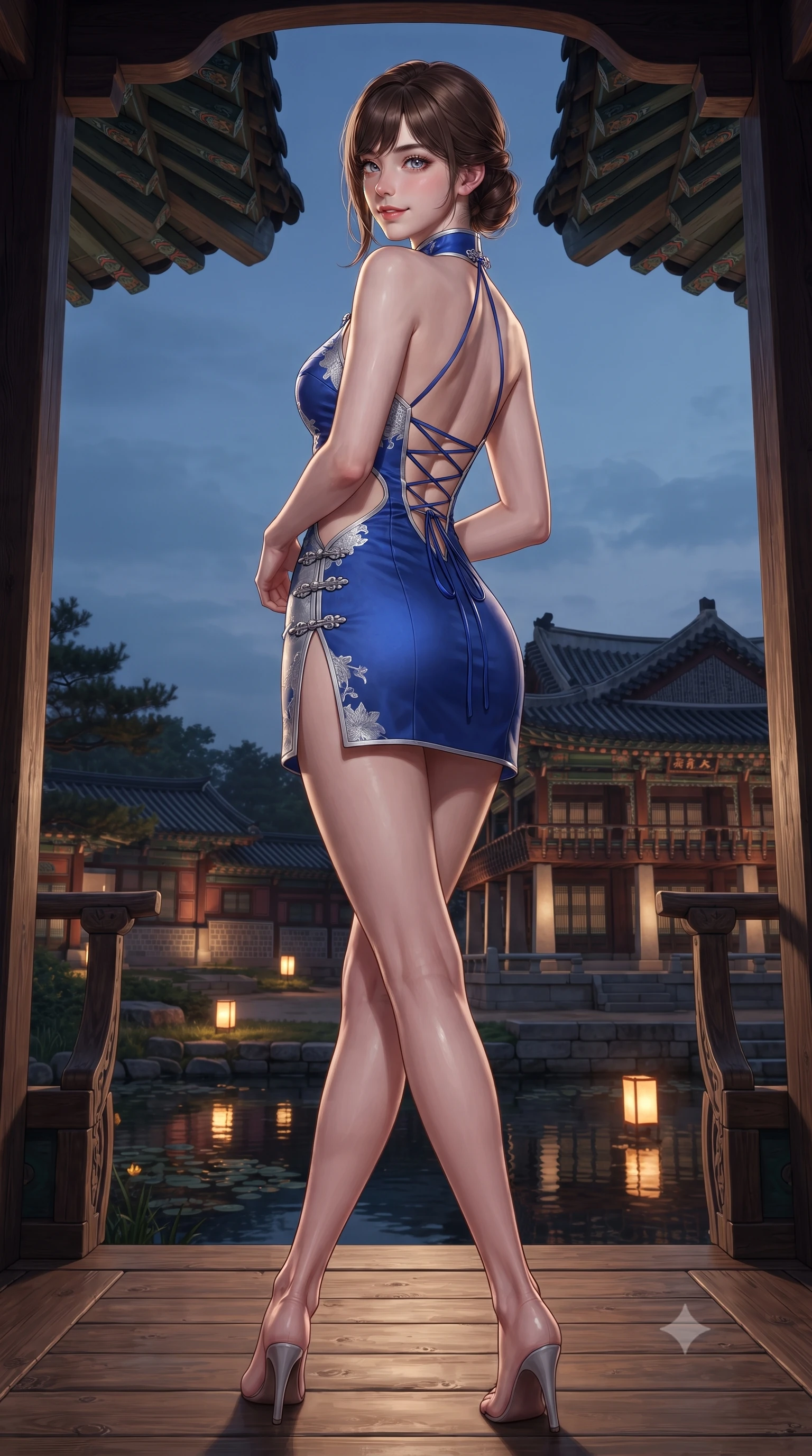 score_9, masterpiece, best quality, ultra-detailed, high-budget anime keyframe, editorial fashion photography, tasteful artistic composition, Korean woman. low angle full-body shot from head to toe showing her feet, filling the entire 9:16 vertical frame with her statuesque presence, stretching her vertical silhouette. executing a graceful dancer pivot turn as her layered silk chima skirt flutters around her slender legs, glancing over her shoulder with an intoxicating bedroom-gaze while lounging in an open wooden royal pavilion with legs crossed, her long slender limbs and toned midriff framed by ancient Korean roof eaves. The surrounding environment is rendered in vivid detail and crisp panoramic clarity: detailed silk organza weave, moonlight specular reflections on skin, and classical Korean palace architecture in high resolution. She has an absolutely perfect, statuesque 8.5-heads proportion, an exceptionally tall and slender model-like female figure with impossibly long slender legs, an ultra-slim waist, a flat toned midriff, narrow delicate ribcage, and beautifully sculpted feminine hips creating a graceful, slim hourglass silhouette without any bulky heaviness. sharp v-shaped jawline, high-bridge nose, intricate jewel-like dark sparkling almond eyes with depth, thick lashes, glossy parted lips with a natural rose-plum sheen, bright alluring and coquettish smile with bedroom-eyes, exuding both timeless oriental elegance and sovereign high-fashion allure, flawlessly proportioned anatomical accuracy, strict slender model proportions, natural body alignment, perfectly sculpted long slender limbs, ultra-slim waistline, clean dynamic posture without body distortion. wearing a backless halter qipao mini dress with delicate frog-button closures and side waist cutouts framing her hourglass curves in royal cobalt blue and starlight platinum, tailored from fine crisp cotton-linen with clean structural lines, finished with criss-cross back satin laces tracing her slender spine, the precision-cut side hip slits and low-back scoop framing her graceful spine and the sensual sweep of her slim, toned hips. illuminated by warm paper lantern reflections on the pond water and sharp platinum rim lights defining her razor-sharp jawline, narrow waist, and curvy hips. ultra-reflective glossy finish, specular highlights, rich textural contrasts, high-contrast stereoscopic depth, volumetric dynamic lighting, 2k, ultra detail, master piece, 9:16 ratio
