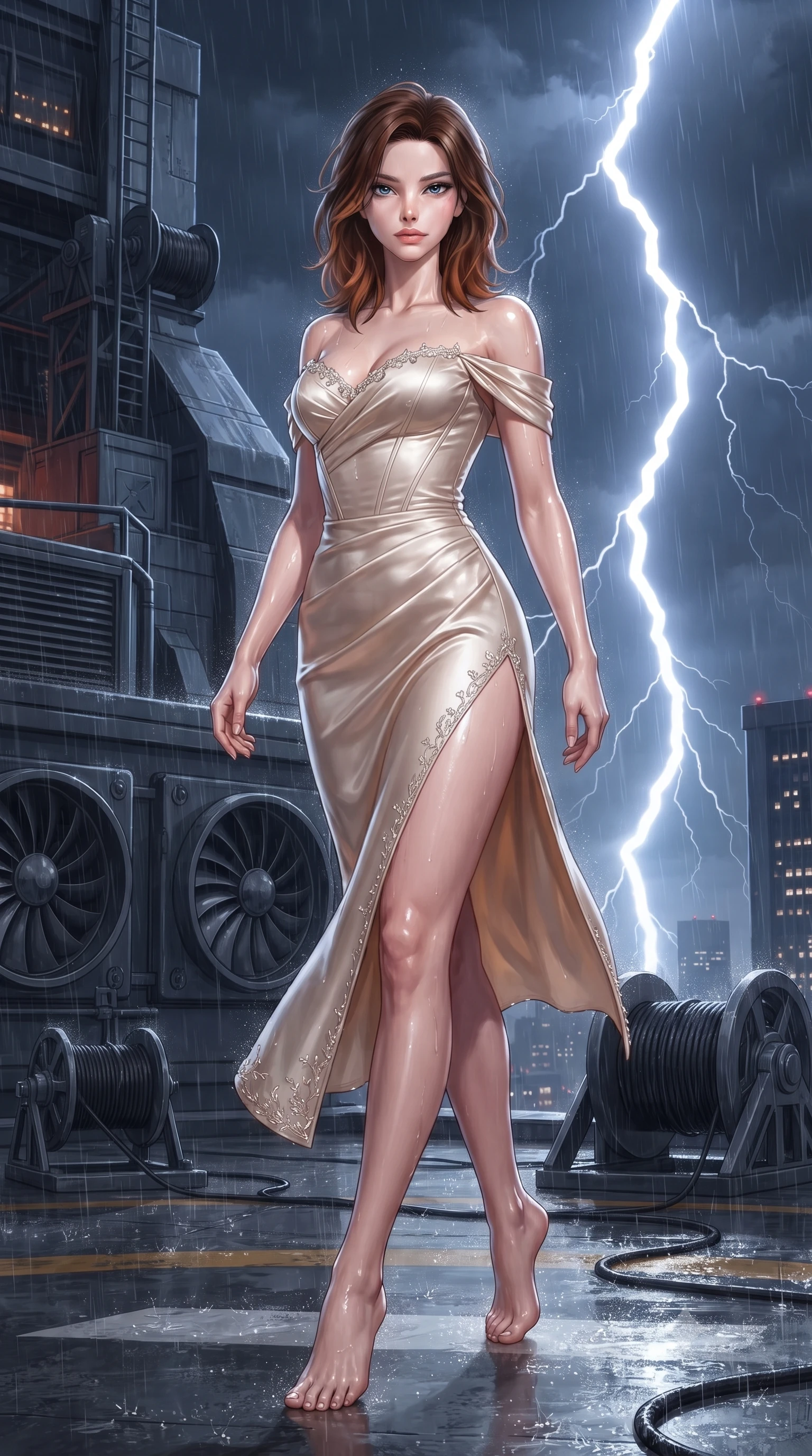 score_9, masterpiece, best quality, ultra-detailed, high-budget anime keyframe, editorial fashion photography, tasteful artistic composition, Korean woman. low angle full-body shot from head to toe showing her feet, filling the entire 9:16 vertical frame with her statuesque presence, stretching her vertical silhouette. landing lightly on the balls of her feet in a balanced kinetic stance, eyes locked onto the camera with fearless allure while infiltrating a torrential midnight rooftop helipad 80 stories high as lightning flashes illuminate her wet tactical trench coat. The surrounding environment is rendered in vivid detail and crisp panoramic clarity. detailed turbine exhaust grilles, grappling cable spool mechanisms, and lightning strikes in high clarity. She has an absolutely perfect, statuesque 8.5-heads proportion, an exceptionally tall and slender model-like female figure with impossibly long slender legs, a toned flat midriff, and an ultra-slim waist. sharp v-shaped jawline, high-bridge nose, intricate jewel-like eyes with depth, thick eyelashes, glossy lips with a natural sheen, captivating and magnetic expression, flawlessly proportioned anatomical accuracy, strict slender model proportions, natural body alignment, perfectly sculpted long slender limbs, ultra-slim waistline, clean dynamic posture without body distortion. wearing a statuesque off-shoulder champagne satin gala dress featuring a thigh-high side slit and draped corset bodice in champagne ivory and rose gold, tailored from ultra-smooth duchess satin with a pearlescent sheen, finished with delicate crystal embroidery along the neckline and hem, the liquid-tight tailored fabric emphasizing every curve of her tall, slender model proportions and sculptured silhouette during dynamic movement. illuminated by wet specular highlights tracing her sculpted flat midriff, waistline, and long legs. ultra-reflective glossy finish, specular highlights, rich textural contrasts, high-contrast stereoscopic depth, volumetric dynamic lighting, 2k, ultra detail, master piece, 9:16 ratio