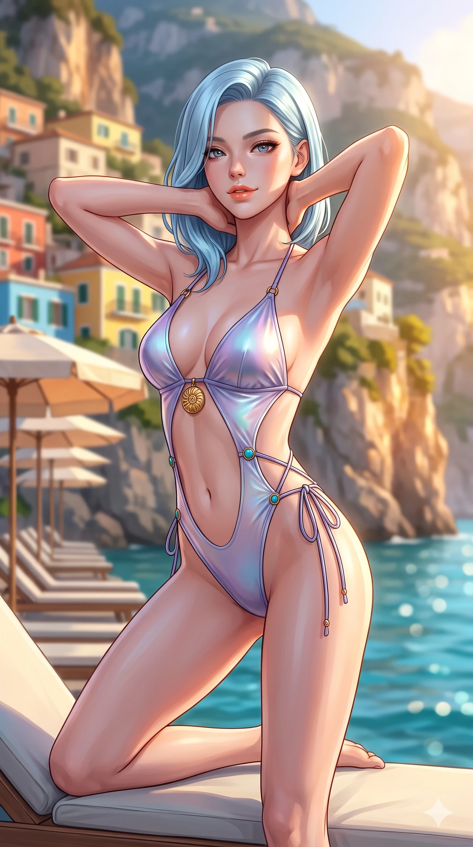 score_9, masterpiece, best quality, ultra-detailed, high-budget anime keyframe, semi-realistic 3D game render, editorial fashion photography, tasteful artistic composition, Korean woman. close-up cowboy shot from the waist and thighs up, the character dominates the composition, filling the frame with her large presence. resting both hands lightly behind her neck with elbows raised, arching her spine to highlight her narrow waist, flat midriff, and breathtaking collarbones while perched sideways on the lounge seat, one knee drawn up to showcase her slender leg line while her arched back accentuates her feminine hip curve. The background shows a soft-focus the dramatic vertical cliff of colorful Positano villas, stacked parasols, and turquoise sea blurred into terracotta, lemon, and azure bokeh. She has an exceptionally elegant, slender, and willowy female figure with an ultra-slim waist, flat toned midriff, narrow ribcage, and sculpted feminine hips creating an alluring, slim hourglass silhouette without bulk. sharp v-shaped jawline, high-bridge nose, sparkling eyes with hypnotic seductive depth, thick curled eyelashes, glossy parted lips with a natural dewy peach sheen, alluring bedroom-eyes with an enchanting coquettish smile, exuding magnetic siren charisma and sophisticated glamour, flawlessly proportioned anatomical accuracy, strict slender model proportions, natural body alignment, perfectly sculpted long slender limbs, ultra-slim waistline, clean dynamic posture without body distortion. wearing a low-slung cutaway leather bikini bodysuit with bare hip flanks and criss-cross cord ties in iridescent mother-of-pearl and dusk lavender, made of fluid liquid jersey with seamless sculpting hold and smooth contours, accented with an authentic engraved gold nautilus shell medallion and turquoise cabochons, the precision-cut side openings and low-back scoop framing her graceful spine and the sensual sweep of her slim, toned hips. bathed in brilliant Mediterranean late afternoon sunshine reflecting off the vertical cliff face and turquoise sea. highly saturated vibrant anime colors, detailed shading with soft gradients, rich glossy textures, high-contrast stereoscopic depth, volumetric dynamic lighting, master piece, 9:16 ratio