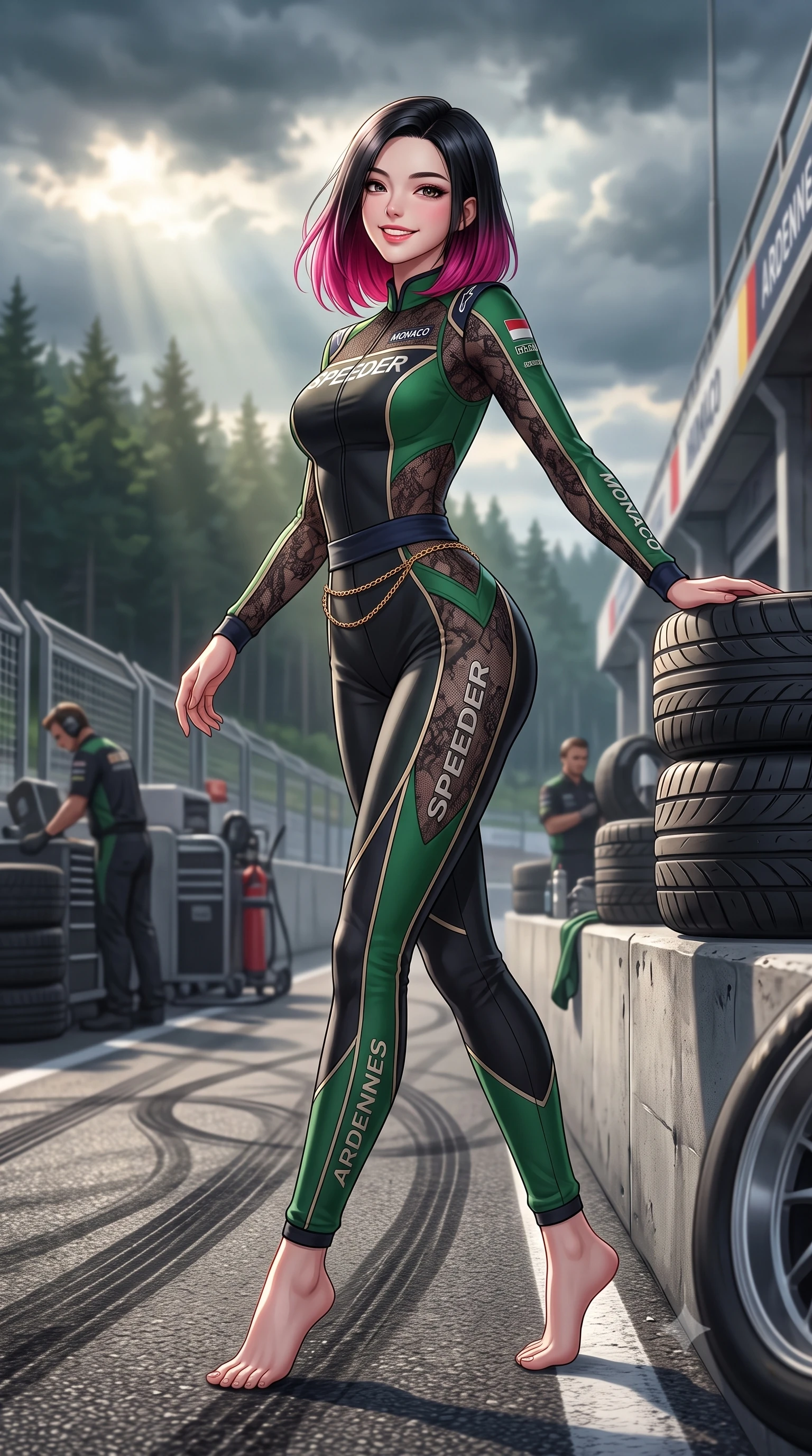 score_9, masterpiece, best quality, ultra-detailed, high-budget anime keyframe, semi-realistic 3D game render, editorial fashion photography, tasteful artistic composition, Korean woman. low angle full-body shot from head to toe showing her feet, filling the entire 9:16 vertical frame with her statuesque presence, stretching her vertical silhouette. stepping forward gracefully across the paddock tarmac in mid-motion with a radiant beaming smile, hips swaying in an alluring kinetic rhythm that accentuates her curvy hourglass silhouette and long slender legs while leaning against the pit wall tire stack with hips cocked back, looking over a bare shoulder with an intoxicating, adrenaline-charged smile. The surrounding environment is rendered in vivid detail and crisp panoramic clarity: sharp rubber skid mark patterns on tarmac, tire stack texture, and steel safety barrier rivets in deep focus. She has an absolutely perfect, statuesque 8.5-heads proportion, an exceptionally tall and slender model-like female figure with impossibly long slender legs, an ultra-slim waist, a flat toned midriff, narrow delicate ribcage, and beautifully sculpted feminine hips creating a graceful, slim hourglass silhouette without any bulky heaviness. sharp v-shaped jawline, high-bridge nose, sparkling eyes with athletic focus and depth, thick curled eyelashes, glossy parted lips with a natural coral-peach sheen, bright confident and coquettish smile with alluring bedroom-eyes, exuding both youthful sporty vigor and sovereign high-society glamour, flawlessly proportioned anatomical accuracy, strict slender model proportions, natural body alignment, perfectly sculpted long slender limbs, ultra-slim waistline, clean dynamic posture without body distortion. wearing a high-performance speeder racing suit in matte black and Wimbledon green with gold hardware rings in Monaco navy blue and cream champagne gold, crafted from sheer delicate stretch lace reinforced with technical sport threads, accented with a delicate gold chain belt resting loosely on her curvy hips, the high-waisted wrap tailoring accentuating her ultra-slim waistline and the enchanting curve of her feminine hips with alluring sporty charm. bathed in dynamic shifting Ardennes sunbeams breaking through moody forest clouds. highly saturated vibrant anime colors, detailed shading with soft gradients, rich glossy textures, high-contrast stereoscopic depth, volumetric dynamic lighting, master piece, 9:16 ratio