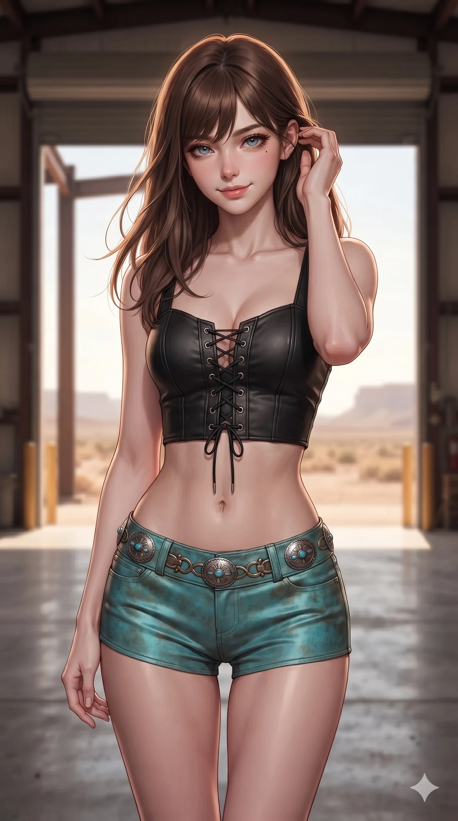 score_9, masterpiece, best quality, ultra-detailed, high-budget anime keyframe, editorial fashion photography, tasteful artistic composition, Korean woman. close-up cowboy shot from the waist and thighs up, the character dominates the composition, filling the frame with her large presence. gently brushing a lock of windblown hair behind her ear while casting a playful, flirtatious side-gaze with long eyelashes while standing poised right at the threshold of the massive open warehouse roll-up door, arching her spine with supermodel poise as desert winds whip through her hair. The background shows a soft-focus massive corrugated iron roll-up door opening, silhouetted steel I-beams, and distant sun-bleached desert plateaus blurred into charcoal, terracotta, and gold bokeh. She has an exceptionally elegant, slender, and willowy female figure with an ultra-slim waist, flat toned midriff, narrow ribcage, and sculpted feminine hips creating an alluring, slim hourglass silhouette without bulk. sharp v-shaped jawline, high-bridge nose, sparkling eyes with hypnotic seductive depth, thick curled eyelashes, glossy parted lips with a natural dewy peach sheen, alluring bedroom-eyes with an enchanting coquettish smile, exuding magnetic siren charisma and sophisticated glamour, flawlessly proportioned anatomical accuracy, strict slender model proportions, natural body alignment, perfectly sculpted long slender limbs, ultra-slim waistline, clean dynamic posture without body distortion. wearing a sculpted matte leather crop bustier with lace-up front paired with tight low-slung moto-shorts in turquoise patina and burnished vintage brass, tailored from smooth liquid silk satin that adheres flawlessly over her curves with a dewy sheen, accented with authentic engraved silver concho medallions and turquoise cabochons, the form-contouring cut accentuating her sculpted flat midriff, narrow delicate ribcage, and gracefully curvy hips with intoxicating allure. illuminated by concrete floor bounce and blinding golden rim lighting outlining her razor-sharp jawline, narrow waist, and curvy hips. ultra-reflective glossy finish, specular highlights, rich textural contrasts, high-contrast stereoscopic depth, volumetric dynamic lighting, 2k, ultra detail, master piece, 9:16 ratio