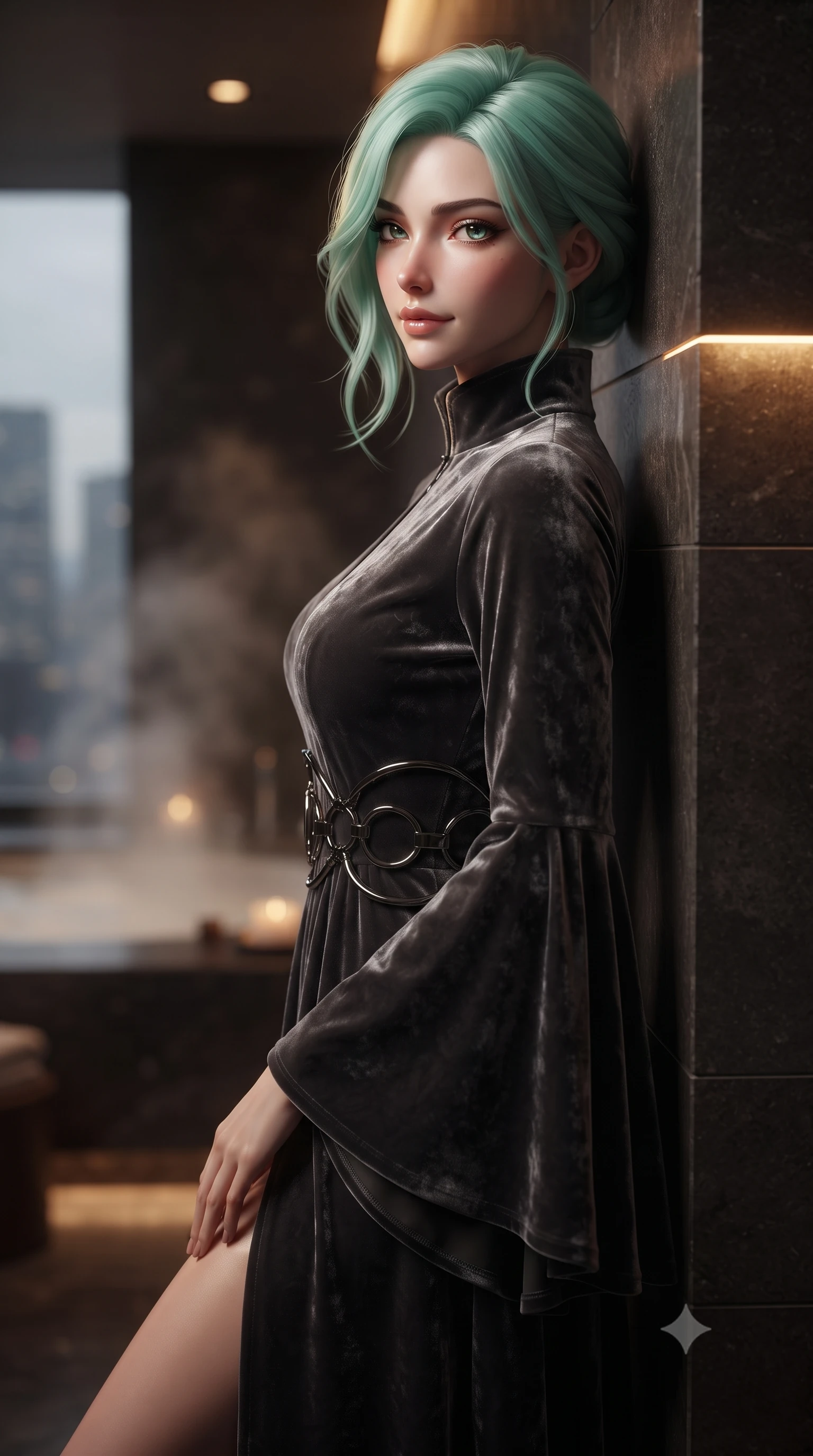score_9, masterpiece, best quality, ultra-detailed, high-budget anime keyframe, editorial fashion photography, tasteful artistic composition, Japanese woman. close-up cowboy shot from the waist and thighs up, the character dominates the composition, filling the frame with her large presence, background elements kept in soft focus. Glancing sidelong over her shoulder with a smoldering, enigmatic half-smile, resting against a heated stone wall in a private high-floor spa sanctuary, warm amber glow highlighting her sharp v-shaped jawline and glossy lips. She has an exceptionally elegant, slender, and willowy female figure with an ultra-slim waist, a gracefully sculpted slender torso, and a refined silhouette. sharp v-shaped jawline, high-bridge nose, intricate jewel-like eyes with depth, thick eyelashes, glossy lips with a natural sheen. wearing gothic high-collar dark plum silk evening gown with bell sleeves in dark charcoal gray, made of crushed dark silk velvet, trimmed with dark chrome ring hardware along the waist contours, accentuating her gracefully sculpted slender torso. surrounded by a moody, intimate glow with sharp specular skin highlights. ultra-reflective glossy finish, specular highlights, metallic sheen, high-contrast stereoscopic depth, volumetric dynamic lighting, 2k, ultra detail, master piece, 9:16 ratio