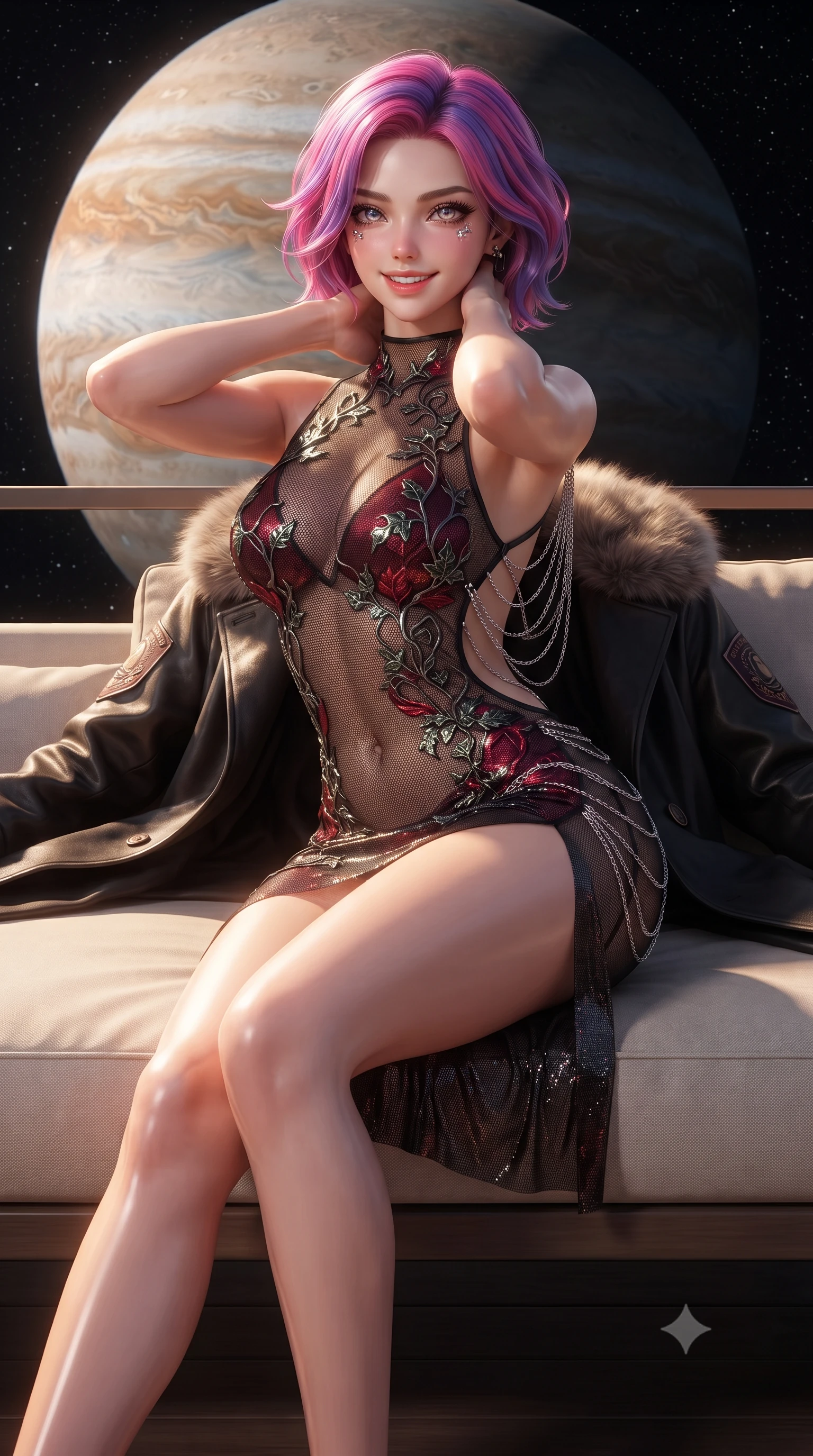 score_9, masterpiece, best quality, ultra-detailed, high-budget anime keyframe, editorial fashion photography, tasteful artistic composition, Caucasian woman. close-up cowboy shot from the waist and thighs up, the character dominates the composition, filling the frame with her large presence. resting both hands lightly behind her neck with elbows raised, arching her spine to highlight her narrow waist, flat midriff, and breathtaking collarbones while reclining gracefully on the outdoor heated daybed with legs extended, displaying her long slender limbs and statuesque hourglass silhouette against the cosmic gas giant. The surrounding environment is rendered in vivid detail and crisp panoramic clarity: detailed thermal officer coat tailoring, fur-trimmed collar, and monumental planetary scale in razor-sharp precision. She has an exceptionally elegant, slender, and willowy female figure with an ultra-slim waist, flat toned midriff, narrow ribcage, and sculpted feminine hips creating an alluring, slim hourglass silhouette without bulk. sharp v-shaped jawline, high-bridge nose, intricate jewel-like sparkling eyes with depth, thick eyelashes, glossy parted lips with a natural peach sheen, bright cheerful beaming smile with an enchanting and coquettish sensual glint, exuding both youthful cute charm and seductive allure, flawlessly proportioned anatomical accuracy, strict slender model proportions, natural body alignment, perfectly sculpted long slender limbs, ultra-slim waistline, clean dynamic posture without body distortion. wearing a provocative sheer noir illusion mesh combat dress with embroidered climbing metallic ivy ribbons contouring her curves in Star-Fortress obsidian black and imperial crimson, crafted from stretch micro-mesh with liquid foil coating that shimmers with every movement, accented with an open-back drape framed by falling strands of delicate chrome chains, the form-contouring silhouette accentuating her sculpted flat midriff, narrow delicate ribcage, and gracefully curvy hips with intoxicating allure. bathed in the warm radiant 3000K glow of reflected Jupiter-light contrasted with the pitch-black starfield. ultra-reflective glossy finish, specular highlights, rich textural contrasts, high-contrast stereoscopic depth, volumetric dynamic lighting, 2k, ultra detail, master piece, 9:16 ratio