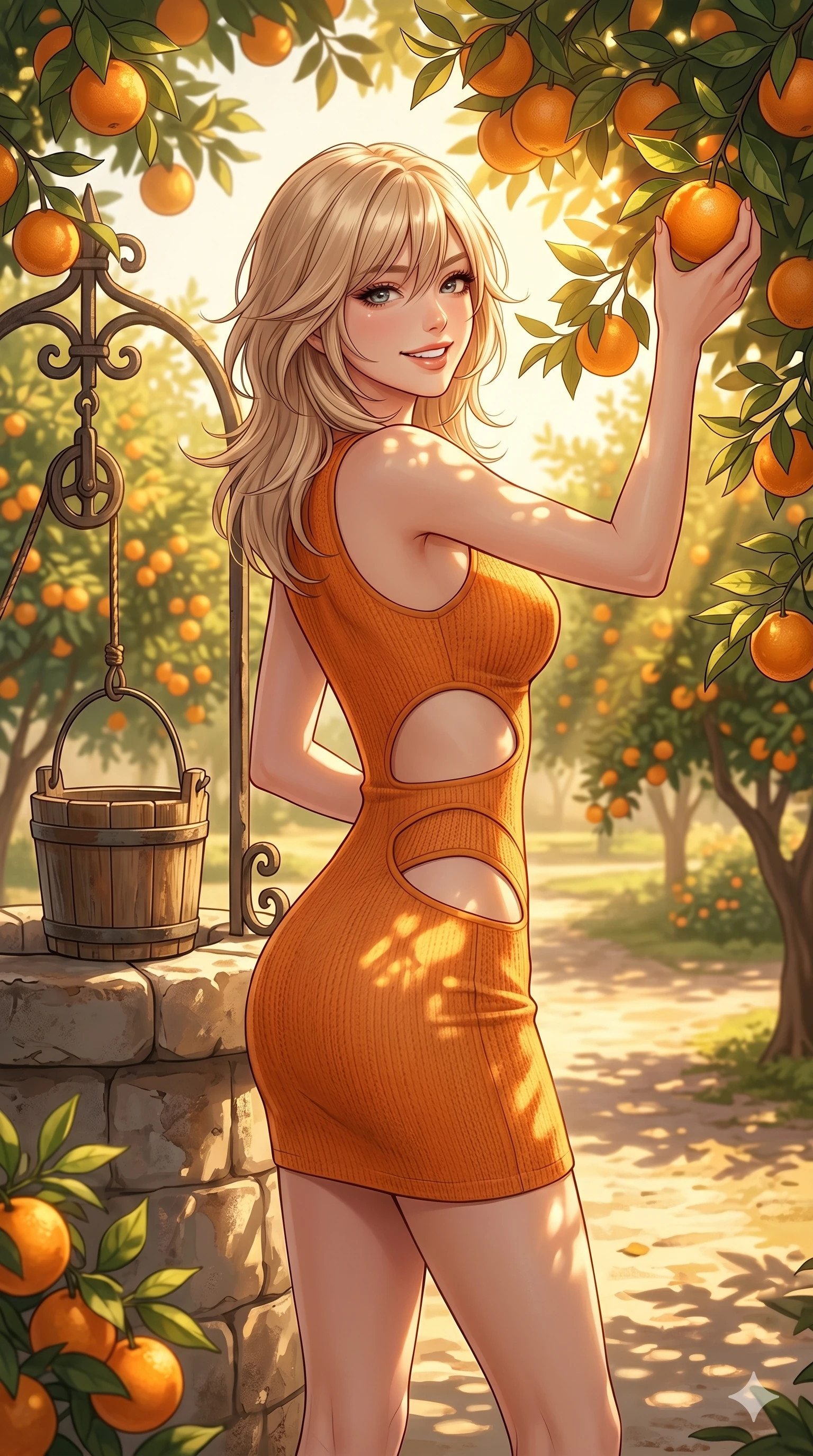 score_9, masterpiece, best quality, ultra-detailed, high-budget anime keyframe, editorial fashion photography, tasteful artistic composition, Japanese woman. cowboy shot from the thighs up, character and outfit filling the frame for maximum editorial presence. picking an orange, looking back with a bright, playful grin and a sultry half-smile standing in a sunlit orange garden next to an old stone well. She has an absolutely perfect 8-heads proportion, an exceptionally tall and slender female figure with impossibly long slender legs and an ultra-slim waist. V-shaped jawline, high-bridge nose, intricate jewel-like eyes with depth, thick eyelashes, glossy lips with a natural sheen. wearing a skin-tight orange knit dress with strategic curved cutouts at the waist and hip. drenched in warm afternoon sunbeams filtering through the orange branches, casting soft shadows. 2k, ultra detail, master piece, 9:16 ratio
