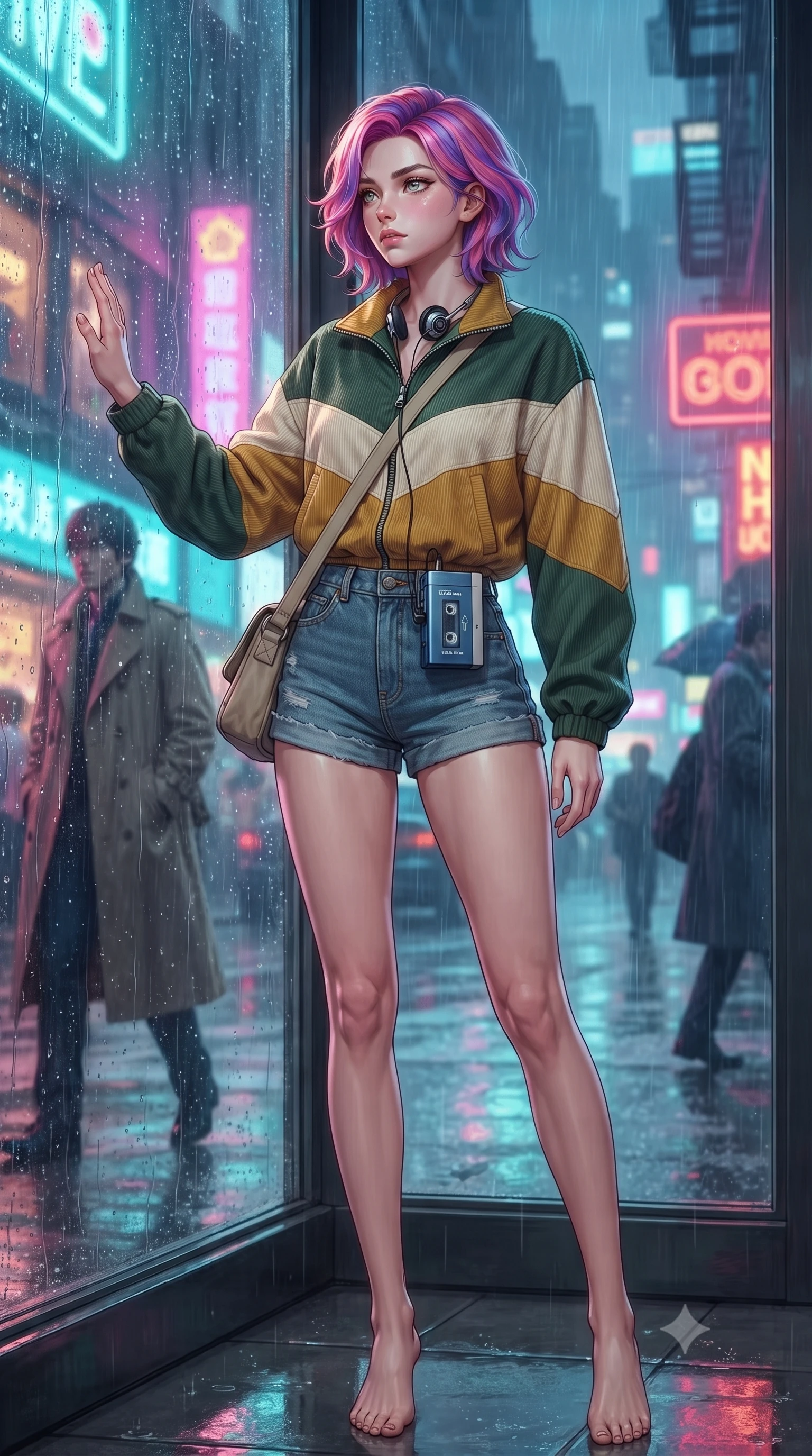 score_9, masterpiece, best quality, ultra-detailed, high-budget anime keyframe, editorial fashion photography, tasteful artistic composition, Caucasian woman. low angle full-body shot from head to toe showing her feet, filling the entire 9:16 vertical frame with her statuesque presence, stretching her vertical silhouette. standing poised with one hip cocked in an alluring high-fashion pose, her tall 8.5-heads proportions dominating the scene while pressing her palm lightly against the rain-streaked glass, gazing out into the neon-lit street with wistful, romantic eyes. The surrounding environment is rendered in vivid detail and crisp panoramic clarity. detailed wet trench coat fabric, sidewalk puddle caustics, and neon reflection clarity in high resolution. She has an absolutely perfect, statuesque 8.5-heads proportion, an exceptionally tall and slender model-like female figure with impossibly long slender legs, a toned flat midriff, and an ultra-slim waist. sharp v-shaped jawline, high-bridge nose, intricate jewel-like eyes with depth, thick eyelashes, glossy lips with a natural sheen, captivating and magnetic expression, flawlessly proportioned anatomical accuracy, strict slender model proportions, natural body alignment, perfectly sculpted long slender limbs, ultra-slim waistline, clean dynamic posture without body distortion. wearing a retro pastel colorblock windbreaker paired with high-waisted denim shorts and a canvas crossbody bag in forest green, cream, and mustard yellow, tailored from soft fine-wale corduroy with rich velvety texture, accessorized with a vintage portable cassette Walkman clipped to her waistband, the breezy yet form-flattering drape swaying gracefully with her steps, accentuating her long willowy limbs and slim waistline. illuminated by soft glowing highlights defining her delicate features, glossy lips, and slender torso. ultra-reflective glossy finish, specular highlights, rich textural contrasts, high-contrast stereoscopic depth, volumetric dynamic lighting, 2k, ultra detail, master piece, 9:16 ratio