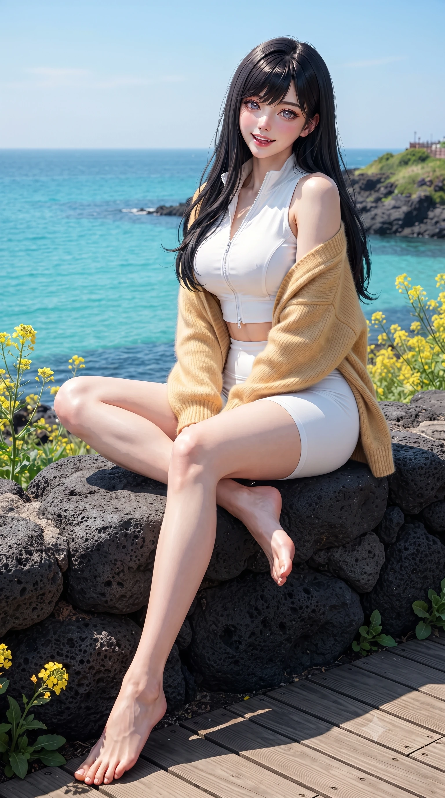 score_9, masterpiece, best quality, ultra-detailed, high-budget anime keyframe, editorial fashion photography, tasteful artistic composition, Caucasian woman. low angle full-body shot from head to toe showing her feet, filling the entire 9:16 vertical frame with her statuesque presence, stretching her vertical silhouette. posing with back turned slightly to the lens, glancing back with an enchanting, playful smile as she arches her lower back to emphasize her sculpted feminine hips and slender waist while sitting on a smooth black volcanic rock ledge with legs crossed, her flat midriff and curvy hips highlighted against the turquoise ocean. The surrounding environment is rendered in vivid detail and crisp panoramic clarity. sharp canola blossom petals, porous volcanic basalt rock textures, and wooden boardwalk grain in deep focus. She has an exceptionally tall and slender model-like 8.5-heads proportion, an ultra-slim waist, a flat toned midriff, narrow delicate ribcage, and beautifully sculpted feminine hips creating a graceful, slim hourglass silhouette without any bulky heaviness, with impossibly long slender legs. sharp v-shaped jawline, high-bridge nose, intricate jewel-like sparkling eyes with depth, thick eyelashes, glossy parted lips with a natural peach sheen, bright cheerful beaming smile with an enchanting and coquettish sensual glint, exuding both youthful cute charm and seductive allure, flawlessly proportioned anatomical accuracy, strict slender model proportions, natural body alignment, perfectly sculpted long slender limbs, ultra-slim waistline, clean dynamic posture without body distortion. wearing a sporty chic zip-up crop jacket paired with high-waisted biker shorts clinging to her athletic hips in pure alabaster white and sun-kissed gold, tailored from crisp cotton poplin with clean structural lines, complemented by an oversized soft knit cardigan slipping off one bare shoulder, the glove-like silhouette tightly following the natural contour of her hips and long slender legs with youthful 8.5-heads elegance. bathed in brilliant island sunshine and vibrant turquoise sea bounce fill. ultra-reflective glossy finish, specular highlights, rich textural contrasts, high-contrast stereoscopic depth, volumetric dynamic lighting, 2k, ultra detail, master piece, 9:16 ratio