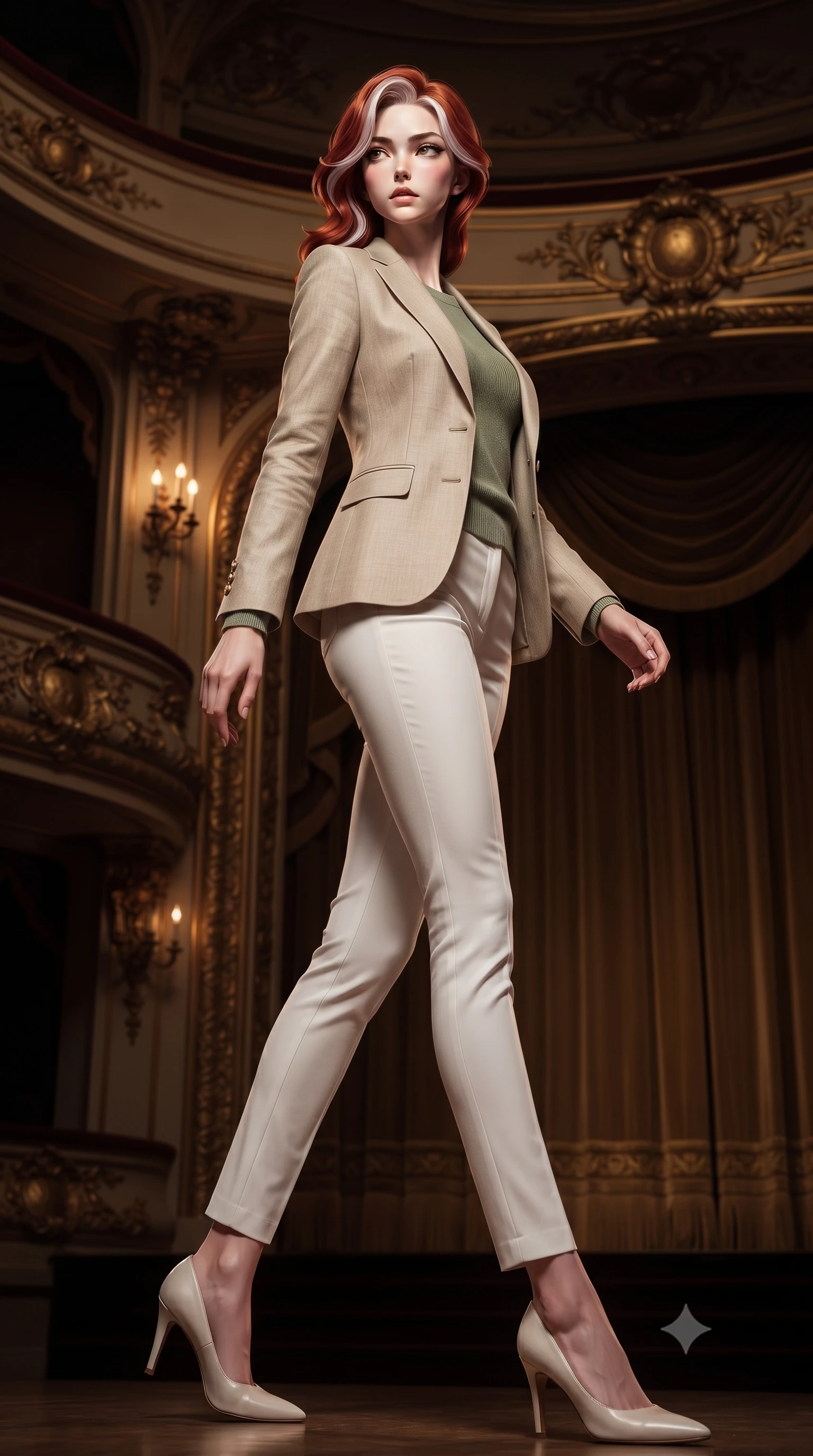 score_9, masterpiece, best quality, ultra-detailed, high-budget anime keyframe, editorial fashion photography, tasteful artistic composition, Caucasian woman. low angle full-body shot from head to toe showing her feet, filling the entire 9:16 vertical frame with her statuesque presence, stretching her vertical silhouette. stepping gracefully while looking back over her shoulder, her dress draped tightly to reveal her silhouette the background shows a soft-focus a vintage theater balcony with gold trim, looking down at a grand curtain. She has an absolutely perfect, statuesque 8.5-heads proportion, an exceptionally tall and slender model-like female figure with impossibly long slender legs and an ultra-slim waist. sharp v-shaped jawline, high-bridge nose, intricate jewel-like eyes with depth, thick eyelashes, glossy lips with a natural sheen. wearing a slim-fit tailored beige linen blazer over a sage green knit top and white trousers. warm candlelight casting dramatic shadows on the ornate wooden carvings. ultra-reflective glossy finish, specular highlights, metallic sheen, high-contrast stereoscopic depth, volumetric dynamic lighting, 2k, ultra detail, master piece, 9:16 ratio