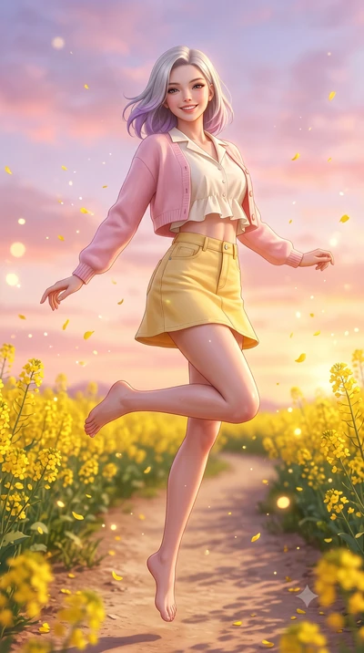 score_9, masterpiece, best quality, ultra-detailed, high-budget anime keyframe, semi-realistic 3D game render, editorial fashion photography, tasteful artistic composition, Caucasian woman. low angle full-body shot from head to toe showing her feet, 