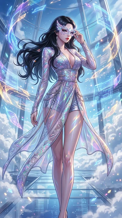 score_9, masterpiece, best quality, ultra-detailed, high-budget anime movie keyframe, cinematic anime lighting, intricate line art, Japanese woman. Low angle cowboy shot filling the entire 9:16 frame with her statuesque presence. adjusting a glowing 