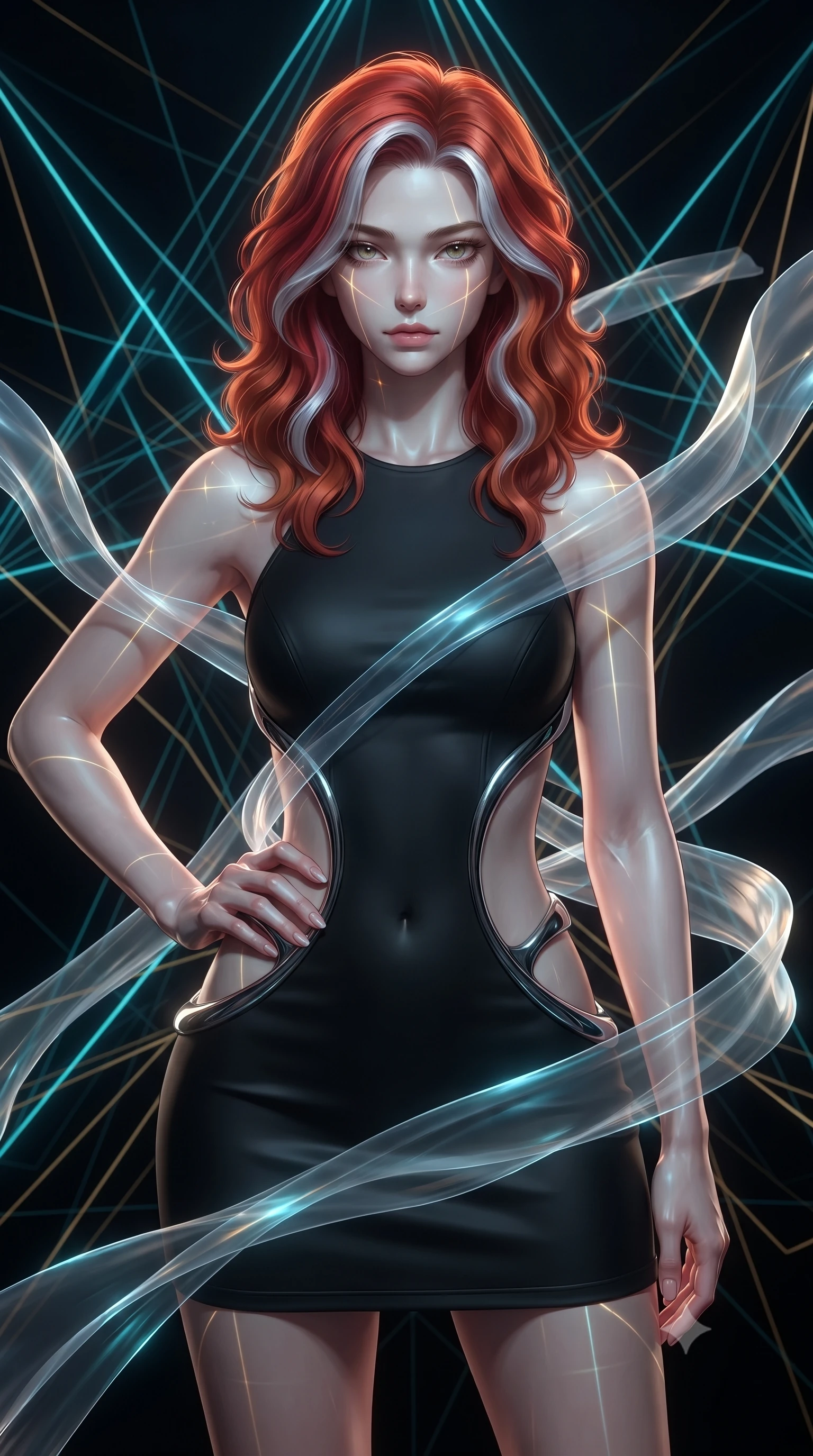 score_9, masterpiece, best quality, ultra-detailed, high-budget anime keyframe, editorial fashion photography, tasteful artistic composition, Caucasian woman. close-up cowboy shot from the waist and thighs up, the character dominates the composition, filling the frame with her large presence, background elements kept in soft focus. Holding a confident power pose with one hand on her hip, gazing directly into the camera with quiet intensity standing in a dark void woven with thousands of cyan and gold light threads, translucent silk ribbons swirling around her body like light streams. She has an exceptionally elegant, slender, and willowy female figure with an ultra-slim waist, a gracefully sculpted slender torso, and a refined silhouette. sharp v-shaped jawline, high-bridge nose, intricate jewel-like eyes with depth, thick eyelashes, glossy lips with a natural sheen. wearing a dramatic open-waist cutout mini dress in matte black framed by sculptural chrome hardware, the form-contouring material highlighting her ultra-slim waist and long lines. bathed in sharp geometric laser grid highlights and soft ambient fill. ultra-reflective glossy finish, specular highlights, metallic sheen, high-contrast stereoscopic depth, volumetric dynamic lighting, 2k, ultra detail, master piece, 9:16 ratio