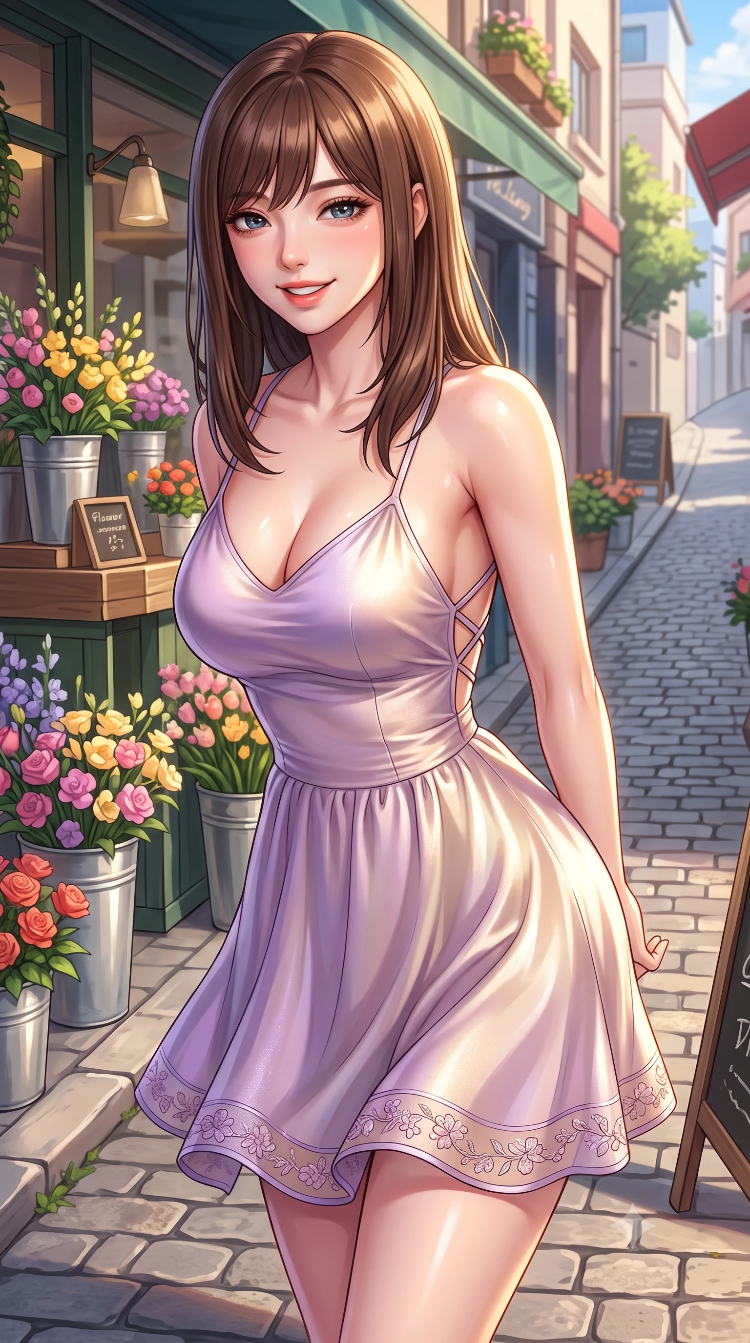 score_9, masterpiece, best quality, ultra-detailed, high-budget anime keyframe, semi-realistic 3D game render, editorial fashion photography, tasteful artistic composition, Korean woman. close-up cowboy shot from the waist and thighs up, the character dominates the composition, filling the frame with her large presence. resting both hands lightly behind her back while leaning toward the lens with a cheerful, teasing grin, her form-fitting outfit hugging her narrow waist and feminine hip curve while pausing beside an outdoor Parisian-style flower stall on the sloping cobblestone alley, arching her back with a bright, charming smile. The surrounding environment is rendered in vivid detail and crisp panoramic clarity. detailed fabric drape, golden sunlight glints on skin, and Hannam alleyway clarity in high resolution. She has an exceptionally elegant, slender, and willowy female figure with an ultra-slim waist, flat toned midriff, narrow ribcage, and sculpted feminine hips creating an alluring, slim hourglass silhouette without bulk. sharp v-shaped jawline, high-bridge nose, intricate jewel-like sparkling eyes with depth, thick eyelashes, glossy parted lips with a natural peach sheen, bright cheerful beaming smile with an enchanting and coquettish sensual glint, exuding both youthful cute charm and seductive allure, flawlessly proportioned anatomical accuracy, strict slender model proportions, natural body alignment, perfectly sculpted long slender limbs, ultra-slim waistline, clean dynamic posture without body distortion. wearing a breezy silk-satin slip dress featuring a thigh-high side slit ascending to the high hip and criss-cross back straps in soft lilac and champagne shimmer, tailored from fine lightweight chiffon that flutters gently in the breeze, complemented by delicate embroidered floral trim along the hem, the high-waisted tailoring accentuating her ultra-slim waistline and the enchanting curve of her feminine hips with alluring charm. illuminated by crisp directional highlights accentuating her sculpted midriff, narrow waist, and curvy hips. highly saturated vibrant anime colors, detailed shading with soft gradients, rich glossy textures, high-contrast stereoscopic depth, volumetric dynamic lighting, master piece, 9:16 ratio
