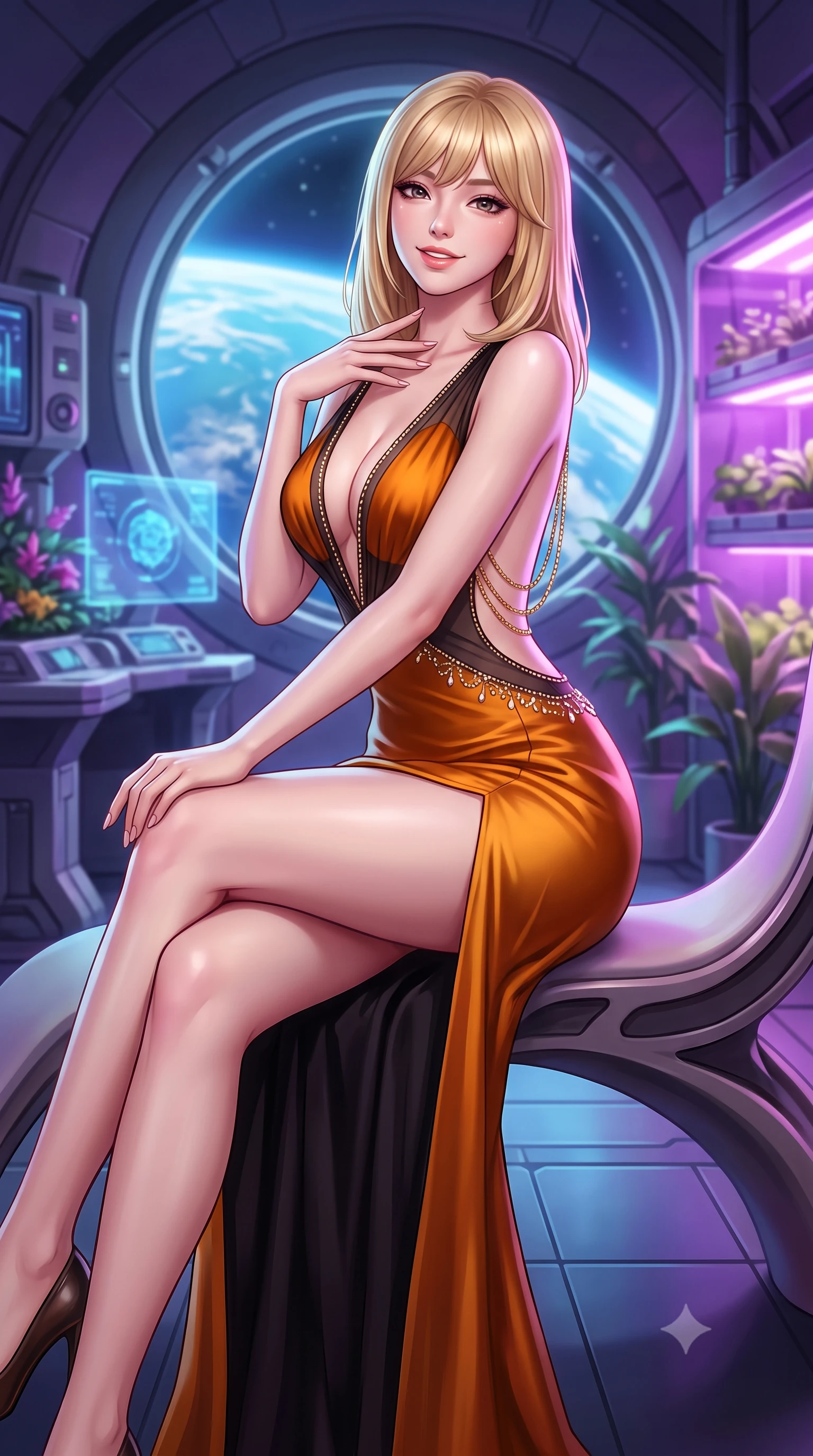 score_9, masterpiece, best quality, ultra-detailed, high-budget anime keyframe, semi-realistic 3D game render, editorial fashion photography, tasteful artistic composition, Japanese woman. close-up cowboy shot from the waist and thighs up, the character dominates the composition, filling the frame with her large presence. perched sideways on the lounge seat, one knee drawn up to showcase her slender leg line while her arched back accentuates her feminine hip curve while sitting gracefully on the sculptured organic bench with legs crossed, running one manicured hand slowly along her neck with magnetic poise. The surrounding environment is rendered in vivid detail and crisp panoramic clarity: detailed ultra-daring sheer vinyl-trimmed illusion mesh catsuit, translucent cutouts, and sci-fi habitat craft in high resolution. She has an exceptionally elegant, slender, and willowy female figure with an ultra-slim waist, flat toned midriff, narrow ribcage, and sculpted feminine hips creating an alluring, slim hourglass silhouette without bulk. sharp v-shaped jawline, high-bridge nose, intricate jewel-like sparkling eyes with depth, thick eyelashes, glossy parted lips with a natural peach sheen, bright cheerful beaming smile with an enchanting and coquettish sensual glint, exuding both youthful cute charm and seductive allure, flawlessly proportioned anatomical accuracy, strict slender model proportions, natural body alignment, perfectly sculpted long slender limbs, ultra-slim waistline, clean dynamic posture without body distortion. wearing a plunge-front sheer mesh cocktail gown with delicate crystal beading and an ultra-daring hip-high leg slit in Hakone steaming sulfur amber and volcanic basalt black, crafted from fluid liquid silk satin that clings smoothly to her narrow waist and rounded hips with a dewy sheen, accented with an open-back drape framed by falling strands of delicate gold chains, the form-contouring silhouette accentuating her sculpted flat midriff, narrow delicate ribcage, and gracefully curvy hips with intoxicating allure. bathed in the natural blue Earth-light spilling through orbital windows mixed with soft violet hydroponic grow lights. highly saturated vibrant anime colors, detailed shading with soft gradients, rich glossy textures, high-contrast stereoscopic depth, volumetric dynamic lighting, master piece, 9:16 ratio