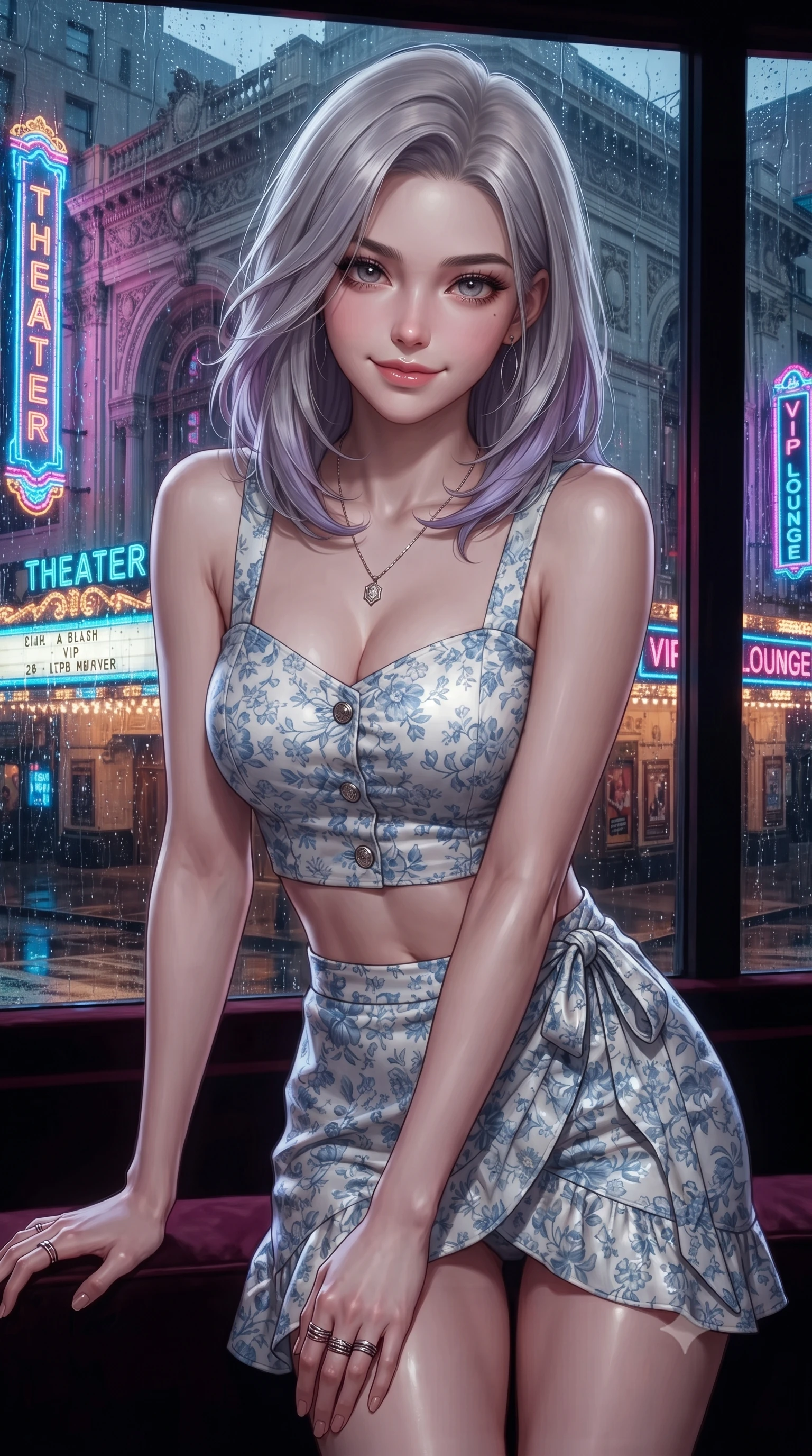 score_9, masterpiece, best quality, ultra-detailed, high-budget anime keyframe, editorial fashion photography, tasteful artistic composition, Caucasian woman. close-up cowboy shot from the waist and thighs up, the character dominates the composition, filling the frame with her large presence, background elements kept in soft focus. leaning slightly forward with a playful, teasing smile, her gaze locked onto the viewer the background shows a soft-focus a velvet-trimmed VIP suite overlooking a historic theater facade in the rain. She has an exceptionally elegant, slender, and willowy female figure with an ultra-slim waist, a gracefully sculpted slender torso, and a refined silhouette. sharp v-shaped jawline, high-bridge nose, intricate jewel-like eyes with depth, thick eyelashes, glossy lips with a natural sheen. wearing a slim-fit summer vacation crop top and wrap skirt set in floral print cotton, showing her slim waist. vibrant street neon lights reflecting off the wet windows onto her form. ultra-reflective glossy finish, specular highlights, metallic sheen, high-contrast stereoscopic depth, volumetric dynamic lighting, 2k, ultra detail, master piece, 9:16 ratio