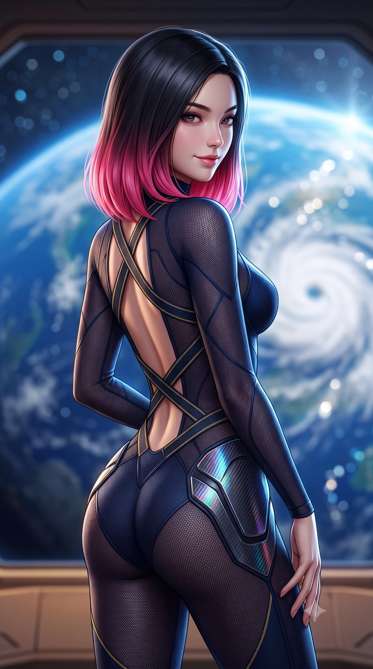 score_9, masterpiece, best quality, ultra-detailed, high-budget anime keyframe, semi-realistic 3D game render, editorial fashion photography, tasteful artistic composition, Korean woman. close-up cowboy shot from the waist and thighs up, the character dominates the composition, filling the frame with her large presence. turning slowly with a smoldering smile, her sleek hair catching the cockpit HUD rim light as her hips angle gracefully in a captivating contrapposto while twisting her slender torso in an alluring contrapposto stance, oceanic blue sunlight and orbital cloud swirls tracing her hourglass curves. The background shows a soft-focus the colossal blue disk of Earth with white hurricane spirals and shimmering sun glints blurred into ocean sapphire, cloud white, and starlight bokeh. She has an exceptionally elegant, slender, and willowy female figure with an ultra-slim waist, flat toned midriff, narrow ribcage, and sculpted feminine hips creating an alluring, slim hourglass silhouette without bulk. sharp v-shaped jawline, high-bridge nose, intricate jewel-like sparkling eyes with depth, thick eyelashes, glossy parted lips with a natural sheen, bright confident smile with an enchanting and coquettish sensual glint, exuding both youthful magnetic charm and sovereign high-tech allure, flawlessly proportioned anatomical accuracy, strict slender model proportions, natural body alignment, perfectly sculpted long slender limbs, ultra-slim waistline, clean dynamic posture without body distortion. wearing a second-skin cybernetic stealth suit with active-camo optical mesh and sculpted carbon hip guards in midnight navy blue and holographic iridescent shimmer, crafted from sheer technical cyber-lace reinforced with ultra-thin Kevlar threads, finished with criss-cross Kevlar tactical straps tracing her graceful shoulder blades, the aerodynamic second-skin silhouette tightly following the natural contour of her hips and long slender legs with youthful 8.5-heads elegance. illuminated by warm cabin ambient fill and crisp platinum rim lighting sculpting her razor-sharp jawline, narrow waist, and curvy hips. highly saturated vibrant anime colors, detailed shading with soft gradients, rich glossy textures, high-contrast stereoscopic depth, volumetric dynamic lighting, master piece, 9:16 ratio