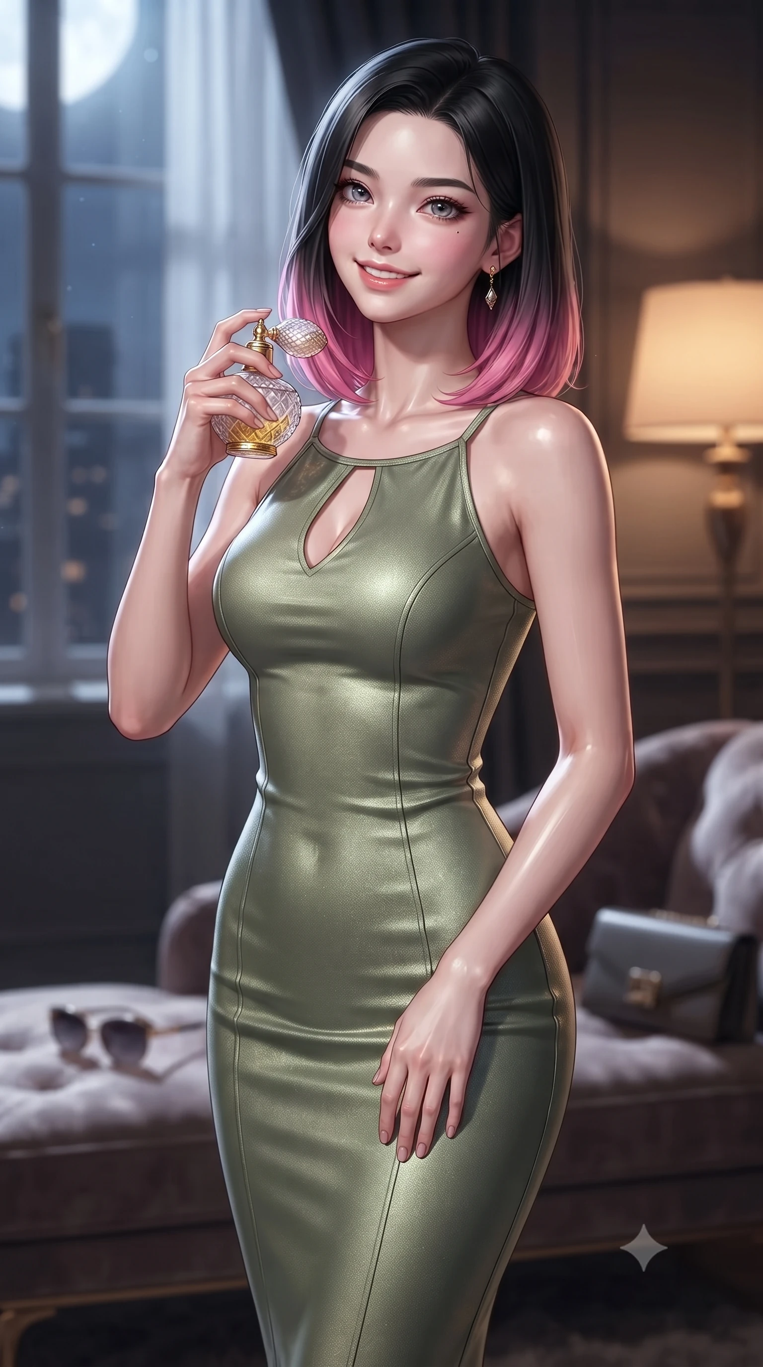 score_9, masterpiece, best quality, ultra-detailed, high-budget anime keyframe, editorial fashion photography, tasteful artistic composition, Korean woman. close-up cowboy shot from the waist and thighs up, the character dominates the composition, filling the frame with her large presence, background elements kept in soft focus. holding a vintage perfume bottle to her neck, smiling with quiet magnetic self-assurance set against a soft-focus background of inside an exclusive art atelier with a pair of designer sunglasses and a sleek leather clutch bag on the lounger. She has an exceptionally elegant, slender, and willowy female figure with an ultra-slim waist, a gracefully sculpted slender torso, and a refined silhouette. sharp v-shaped jawline, high-bridge nose, intricate jewel-like eyes with depth, thick eyelashes, glossy lips with a natural sheen. wearing form-contouring sage green soft linen body-hugging knit midi dress with a tasteful keyhole neckline cutout and thin shoulder straps featuring refined tailored seams. illuminated by soft silver moonlight contrasting with the warm amber glow of a nearby lamp. ultra-reflective glossy finish, specular highlights, metallic sheen, high-contrast stereoscopic depth, volumetric dynamic lighting, 2k, ultra detail, master piece, 9:16 ratio