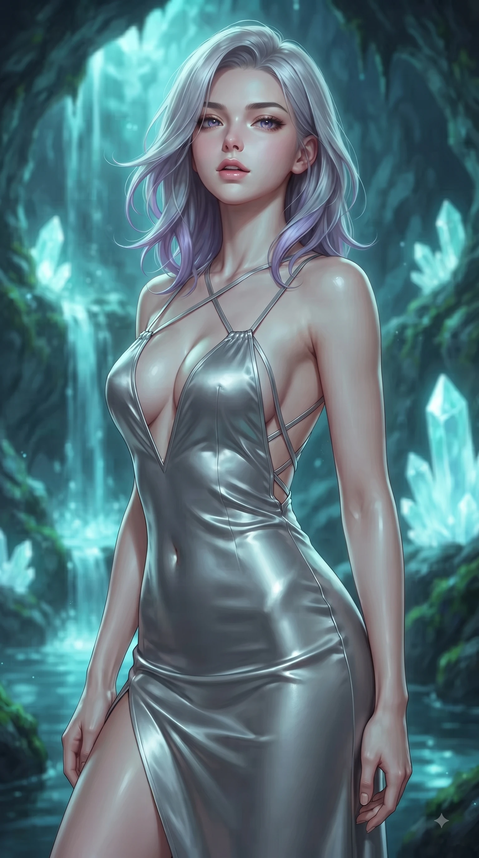 score_9, masterpiece, best quality, ultra-detailed, high-budget anime keyframe, editorial fashion photography, tasteful artistic composition, Caucasian woman woman. close-up cowboy shot from the waist and thighs up, the character dominates the composition, filling the frame with her large presence, background elements kept in soft focus. She has an exceptionally elegant, slender, and willowy female figure with an ultra-slim waist, a gracefully sculpted slender torso, and a refined silhouette. tilting her chin up slightly with lips parted in a composed and alluring expression, flawlessly proportioned anatomical accuracy, natural body alignment, perfectly sculpted elegant limbs, clean dynamic posture without body distortion. set against a soft-focus background of a hidden cave with cascading luminescent water and crystal quartz. wearing a plunging keyhole neck silk slip dress with an open-back design and cross-strap detailing. bathed in glowing aqua bioluminescence reflecting off wet rock walls. ultra-reflective glossy finish, specular highlights, metallic sheen, high-contrast stereoscopic depth, volumetric dynamic lighting, 2k, ultra detail, master piece, 9:16 ratio