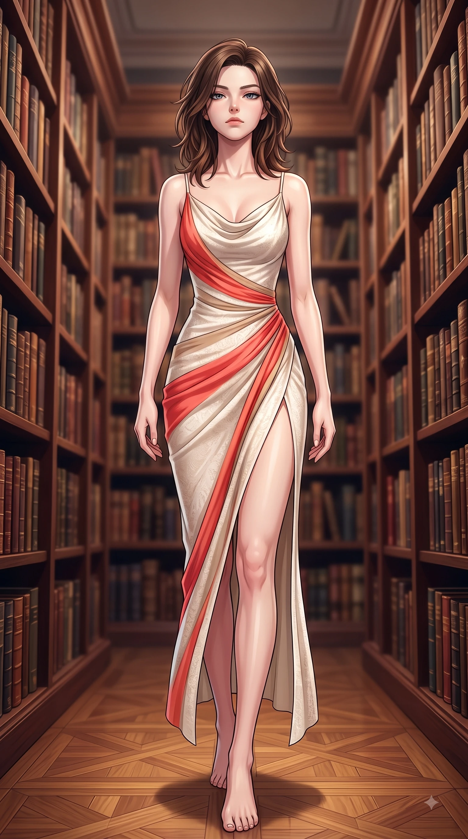 score_9, masterpiece, best quality, ultra-detailed, high-budget anime keyframe, editorial fashion photography, tasteful artistic composition, Korean woman. low angle full-body shot from head to toe showing her feet, filling the entire 9:16 vertical frame with her statuesque presence, stretching her vertical silhouette. Cool disdainful expression looking past the camera with effortless superiority and a stoic facial line while walking down a polished parquet aisle flanked by tall bookcase stacks. The composition keeps background elements in soft focus with dreamy bokeh. thousands of vintage leather book spines blurred into a rich mahogany and amber bokeh. She has an absolutely perfect, statuesque 8.5-heads proportion, an exceptionally tall and slender model-like female figure with impossibly long slender legs and an ultra-slim waist. sharp v-shaped jawline, high-bridge nose, intricate jewel-like eyes with depth, thick eyelashes, glossy lips with a natural sheen, flawlessly proportioned anatomical accuracy, natural body alignment, perfectly sculpted elegant limbs, clean dynamic posture without body distortion. wearing an elegant ivory silk cowl-neck dress with fluid draped lines in vibrant coral red and soft beige, made of fine lace weave and soft satin jersey, finished with a sleek side slit ascending to mid-thigh, the form-contouring material accentuating her ultra-slim waist and long lines. surrounded by an intelligent, noble, and classic editorial atmosphere. highly saturated vibrant anime colors, detailed shading with soft gradients, rich glossy textures, high-contrast stereoscopic depth, volumetric dynamic lighting, master piece, 9:16 ratio