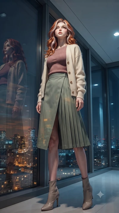 score_9, masterpiece, best quality, ultra-detailed, high-budget anime keyframe, editorial fashion photography, tasteful artistic composition, Caucasian woman, strictly human ears. low angle full-body shot from head to toe showing her feet, filling th