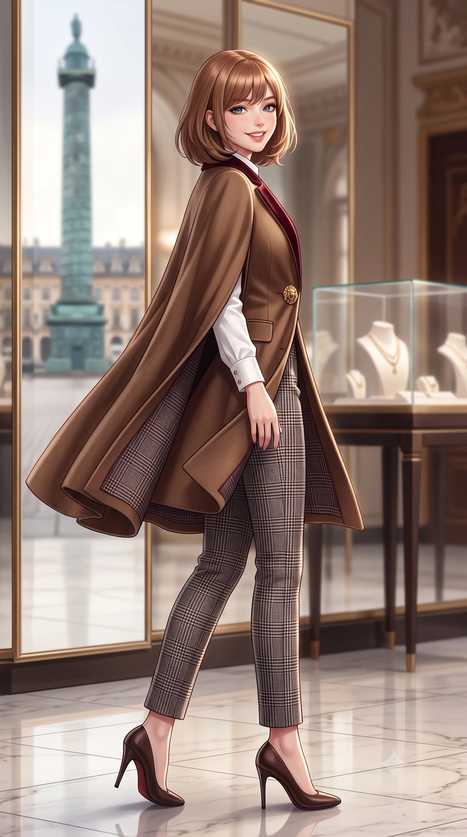 score_9, masterpiece, best quality, ultra-detailed, high-budget anime keyframe, semi-realistic 3D game render, editorial fashion photography, tasteful artistic composition, Caucasian woman. low angle full-body shot from head to toe showing her feet, filling the entire 9:16 vertical frame with her statuesque presence, stretching her vertical silhouette. executing an elegant pivot turn as the hem of her pleated wool skirt sways rhythmically, glancing back with joyful radiance while walking past monumental mirrors reflecting the historic octagonal Place Vendôme square, turning with magnetic high-fashion poise. The background shows a soft-focus glass display cases with luxury jewels softened in opulent Parisian palace shallow focus. She has an exceptionally tall and slender model-like 8.5-heads proportion, an ultra-slim waist, a flat toned midriff, narrow delicate ribcage, and beautifully sculpted feminine hips creating a graceful, slim hourglass silhouette without any bulky heaviness, with impossibly long slender legs. sharp v-shaped jawline, high-bridge nose, intricate jewel-like sparkling eyes with depth, thick eyelashes, glossy parted lips with a natural peach sheen, bright cheerful beaming smile with an enchanting and coquettish sensual glint, exuding both youthful cute charm and seductive allure, flawlessly proportioned anatomical accuracy, strict slender model proportions, natural body alignment, perfectly sculpted long slender limbs, ultra-slim waistline, clean dynamic posture without body distortion. wearing an elegant tailored cape coat in brushed wool worn over a crisp white cotton shirt and tailored cigarette pants in classic glen plaid monochrome with subtle wine red accent, crafted from rich cotton velvet with deep light-absorbing pile and soft gradients, accented with an ornate 24k gold lion-embossed crest button along the front closure, the sharp shoulder tailoring and gently nipped waist framing her slender torso with pristine sartorial perfection. illuminated by polished marble floor bounce and pristine champagne rim lights defining her razor-sharp jawline and elegant tailored silhouette. highly saturated vibrant anime colors, detailed shading with soft gradients, rich glossy textures, high-contrast stereoscopic depth, volumetric dynamic lighting, master piece, 9:16 ratio