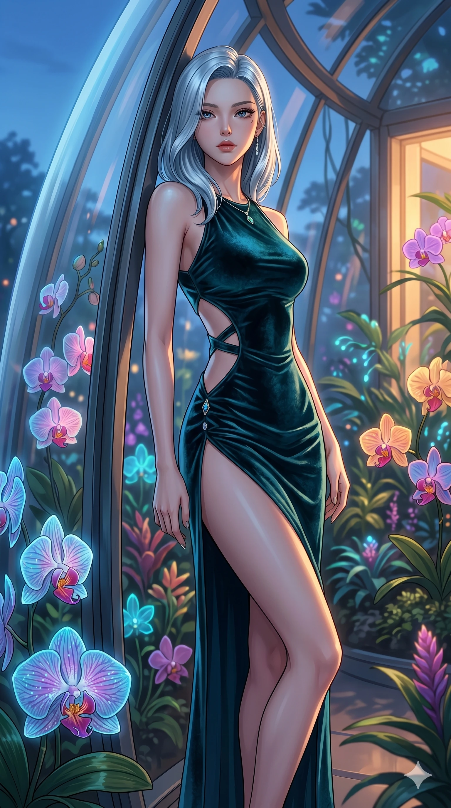 score_9, masterpiece, best quality, ultra-detailed, high-budget anime keyframe, editorial fashion photography, tasteful artistic composition, Korean woman. cowboy shot from the thighs up, character and outfit filling the frame for maximum editorial presence. leaning against the glass tunnel wall, looking at the viewer in a bioluminescent rainforest dome with glowing orchids (Code-P17-113). She has an absolutely perfect 8-heads proportion, an exceptionally tall and slender female figure with impossibly long slender legs and an ultra-slim waist. V-shaped jawline, high-bridge nose, intricate jewel-like eyes with depth, thick eyelashes, glossy lips with a natural sheen. wearing a velvet bodycon dress with side cutouts and a high slit. soft blue twilight glow mixed with warm window light, tracing her jawline and nose. 2k, ultra detail, master piece, 9:16 ratio