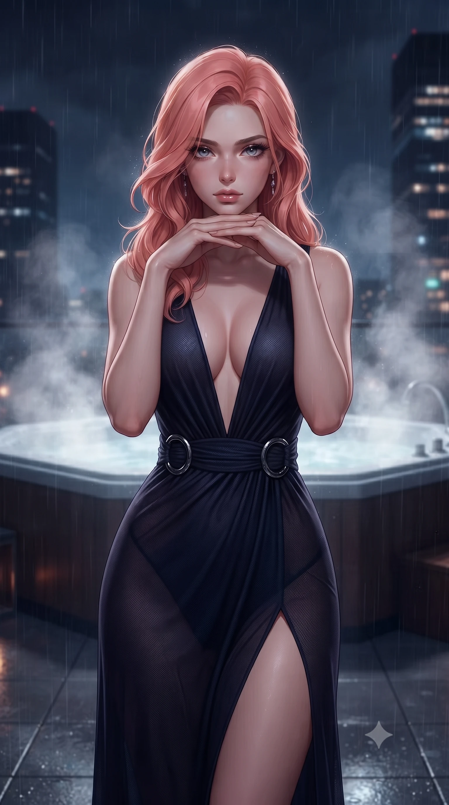 score_9, masterpiece, best quality, ultra-detailed, high-budget anime keyframe, editorial fashion photography, tasteful artistic composition, Japanese woman. close-up cowboy shot from the waist and thighs up, the character dominates the composition, filling the frame with her large presence, background elements kept in soft focus. Resting her chin on the backs of her fingers with an air of effortless superiority, standing on a rain-slicked penthouse rooftop terrace beside a steaming glass jacuzzi, dramatic contrast of steaming warm water and cold midnight atmosphere. She has an exceptionally elegant, slender, and willowy female figure with an ultra-slim waist, a gracefully sculpted slender torso, and a refined silhouette. sharp v-shaped jawline, high-bridge nose, intricate jewel-like eyes with depth, thick eyelashes, glossy lips with a natural sheen. wearing deep plunging V-neckline midnight gown with daring high thigh slit in champagne gold, made of fine dark contouring mesh, accented with sculpted obsidian chrome rings at the waist, the fitted fabric emphasizing her ultra-slim waist. lit by low-key spotlighting contrasting with steam and rain mist. highly saturated vibrant anime colors, detailed shading with soft gradients, rich glossy textures, high-contrast stereoscopic depth, volumetric dynamic lighting, master piece, 9:16 ratio