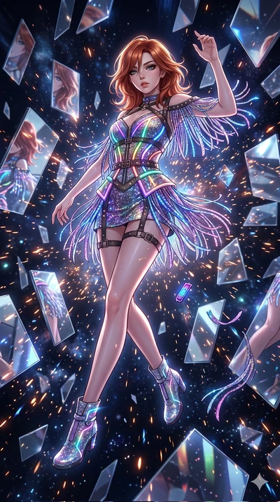score_9, masterpiece, best quality, ultra-detailed, Set A: High-budget Anime Keyframe, Japanese woman. Low angle cowboy shot filling the entire 9:16 frame with her statuesque presence. Floating through a dimension of floating mirrors, as gravity fail