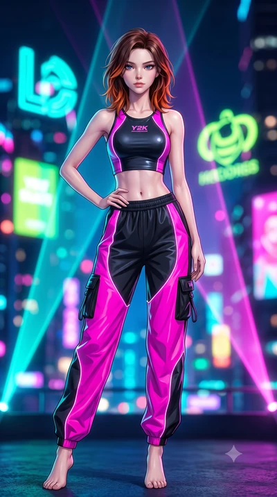 score_9, masterpiece, best quality, ultra-detailed, high-budget anime keyframe, semi-realistic 3D game render, editorial fashion photography, tasteful artistic composition, Korean woman. low angle full-body shot from head to toe showing her feet, fil