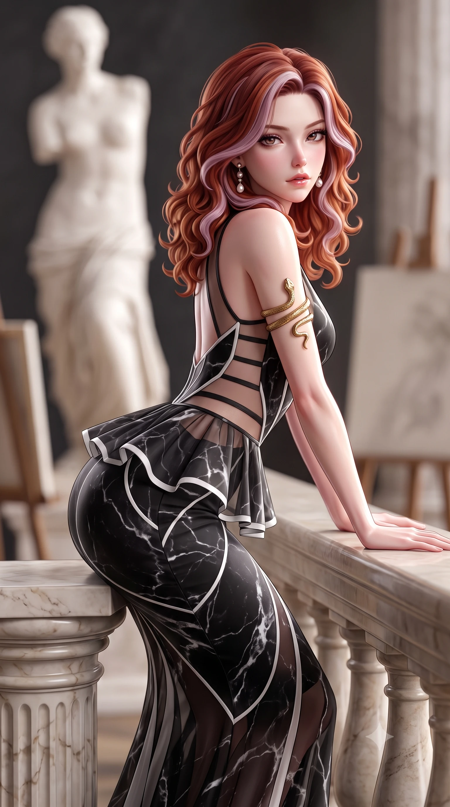 score_9, masterpiece, best quality, ultra-detailed, high-budget anime keyframe, semi-realistic 3D game render, editorial fashion photography, tasteful artistic composition, Caucasian woman. close-up cowboy shot from the waist and thighs up, the character dominates the composition, filling the frame with her large presence. leaning forward against the polished railing with her hips cocked back, creating an intoxicating curve from her narrow waist to sculpted hips as she gazes back into the lens while perching on a classical marble pedestal with back arched like a Renaissance sculpture, hips tilted in a dramatic contrapposto pose. The composition keeps background elements in soft focus with creamy bokeh. towering plaster neoclassical statues and canvas easel silhouettes blurred into creamy alabaster, charcoal, and warm stone bokeh. She has an exceptionally elegant, slender, and willowy female figure with an ultra-slim waist, a gracefully sculpted slender torso, toned flat midriff, and rounded feminine hips creating an alluring hourglass silhouette. sharp v-shaped jawline, high-bridge nose, intricate jewel-like eyes with depth, thick eyelashes, glossy parted lips with a natural sheen, intensely captivating and seductive bedroom-eyes expression, flawlessly proportioned anatomical accuracy, strict slender model proportions, natural body alignment, perfectly sculpted long slender limbs, ultra-slim waistline, clean dynamic posture without body distortion. wearing a structural geometric peplum gown with sheer side-ribbon cutouts and form-fitting skirt in high-contrast black marble and pure white vein accents, woven from layered gossamer chiffon with a weightless sweeping drape, complemented by sculpted gold serpent armlets and pearl drop earrings, the second-skin form-contouring cut accentuating her sculpted flat midriff, narrow waistline, and dramatically curvy hips without adding bulk. illuminated by crisp sculptural key lighting carving her narrow waist, curved hips, and statuesque limbs. highly saturated vibrant anime colors, detailed shading with soft gradients, rich glossy textures, high-contrast stereoscopic depth, volumetric dynamic lighting, master piece, 9:16 ratio