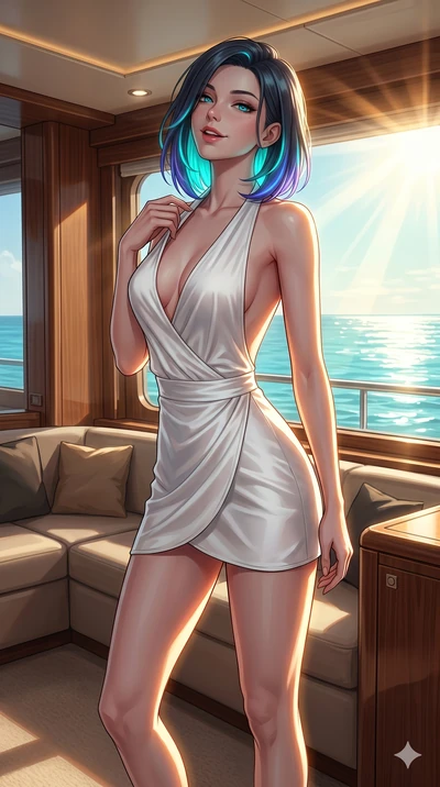 score_9, masterpiece, best quality, ultra-detailed, high-budget anime keyframe, editorial fashion photography, tasteful artistic composition, Caucasian woman, strictly human ears. cowboy shot from the thighs up, character and outfit filling the frame