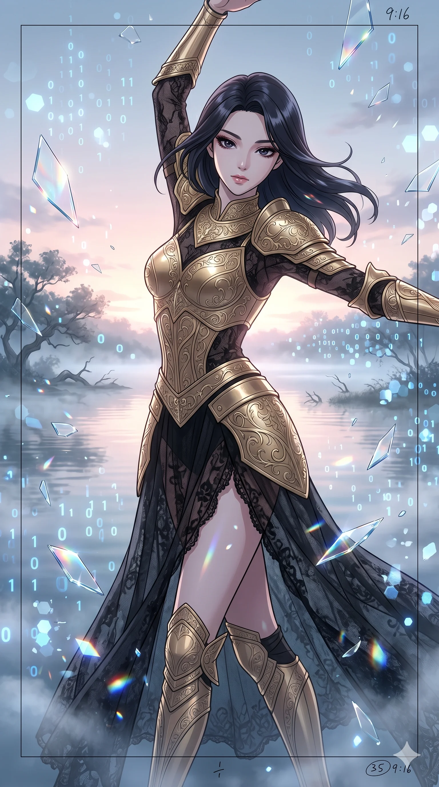 score_9, masterpiece, best quality, ultra-detailed, Set A: High-budget Anime Keyframe, Korean woman. Upper body close-up from the thighs up, character filling the screen for maximum presence. Dancing through a misty lakeside at dawn, while a digital blizzard of 169 bits obscures the horizon and surrounded by shattered glass fragments. She has an absolutely perfect 8-heads proportion, an exceptionally tall and slender female figure with impossibly long slender legs and an ultra-slim waist. Sharp v-shaped jawline, high-bridge nose, intricate jewel-like eyes with depth, thick eyelashes, glossy lips with a natural sheen. Wearing Ornate gold plate armor over a sheer black lace gown with a high-slit. Cinematic lighting, vibrant colors, dramatic shadows, 2k, ultra detail, master piece, 9:16 ratio