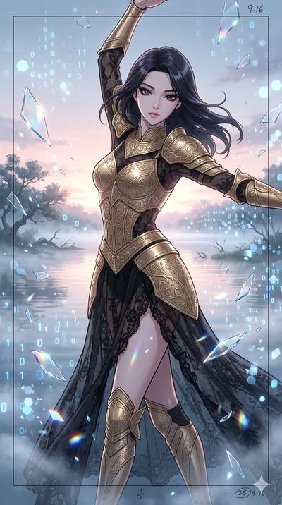 score_9, masterpiece, best quality, ultra-detailed, Set A: High-budget Anime Keyframe, Korean woman. Upper body close-up from the thighs up, character filling the screen for maximum presence. Dancing through a misty lakeside at dawn, while a digital 