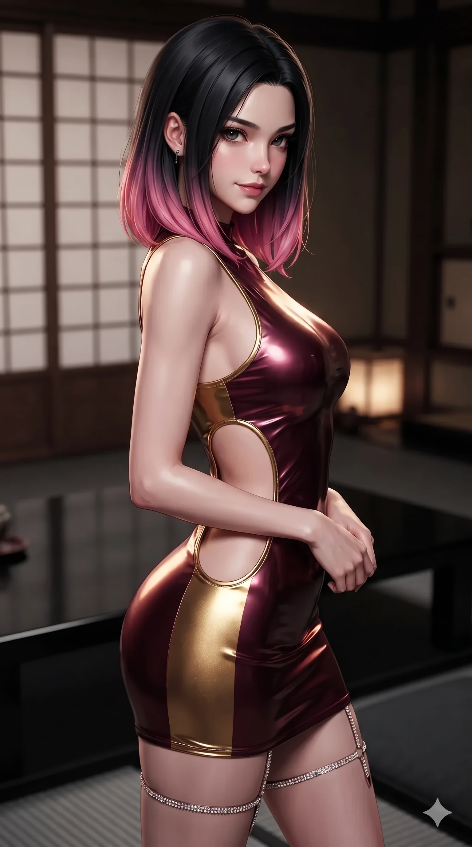 score_9, masterpiece, best quality, ultra-detailed, high-budget anime keyframe, editorial fashion photography, tasteful artistic composition, Korean woman. close-up cowboy shot from the waist and thighs up, the character dominates the composition, filling the frame with her large presence. glancing sidelong over her shoulder with a smoldering, enigmatic half-smile that commands the frame while sliding smoothly across the charcoal tatami with feline poise, her long slender legs and curvy hourglass hips commanding the frame. The background shows a soft-focus exclusive Kyoto dark tea pavilion softened in intimate sanctuary shallow focus. She has an exceptionally elegant, slender, and willowy female figure with an ultra-slim waist, flat toned midriff, narrow ribcage, and sculpted feminine hips creating an alluring, slim hourglass silhouette without bulk. sharp v-shaped jawline, high-bridge nose, intricate jewel-like dark sparkling eyes with hypnotic seductive depth, thick curled eyelashes, glossy parted lips with a natural wine sheen, alluring bedroom-eyes with an enigmatic smoldering smile, exuding magnetic sovereign charisma and dark avant-garde glamour, flawlessly proportioned anatomical accuracy, strict slender model proportions, natural body alignment, perfectly sculpted long slender limbs, ultra-slim waistline, clean dynamic posture without body distortion. wearing a liquid-look wet vinyl micro-mini dress clinging like a second skin with hip-high side cutouts in deep wine burgundy and lustrous gold foil, made of fluid liquid jersey with seamless sculpting hold and smooth contours, finished with delicate crystal-encrusted thigh garter straps glinting in the laser glare, the liquid-tight tailored fabric clinging flawlessly to her narrow waist and rounded feminine hips, emphasizing every millimeter of her sculpted slim hourglass curves without any bulky heaviness. illuminated by black lacquer table surface bounce and sharp warm-gold rim lights sculpting her razor-sharp jawline, narrow waist, and curvy hips. ultra-reflective glossy finish, specular highlights, metallic sheen, high-contrast stereoscopic depth, volumetric dynamic lighting, 2k, ultra detail, master piece, 9:16 ratio