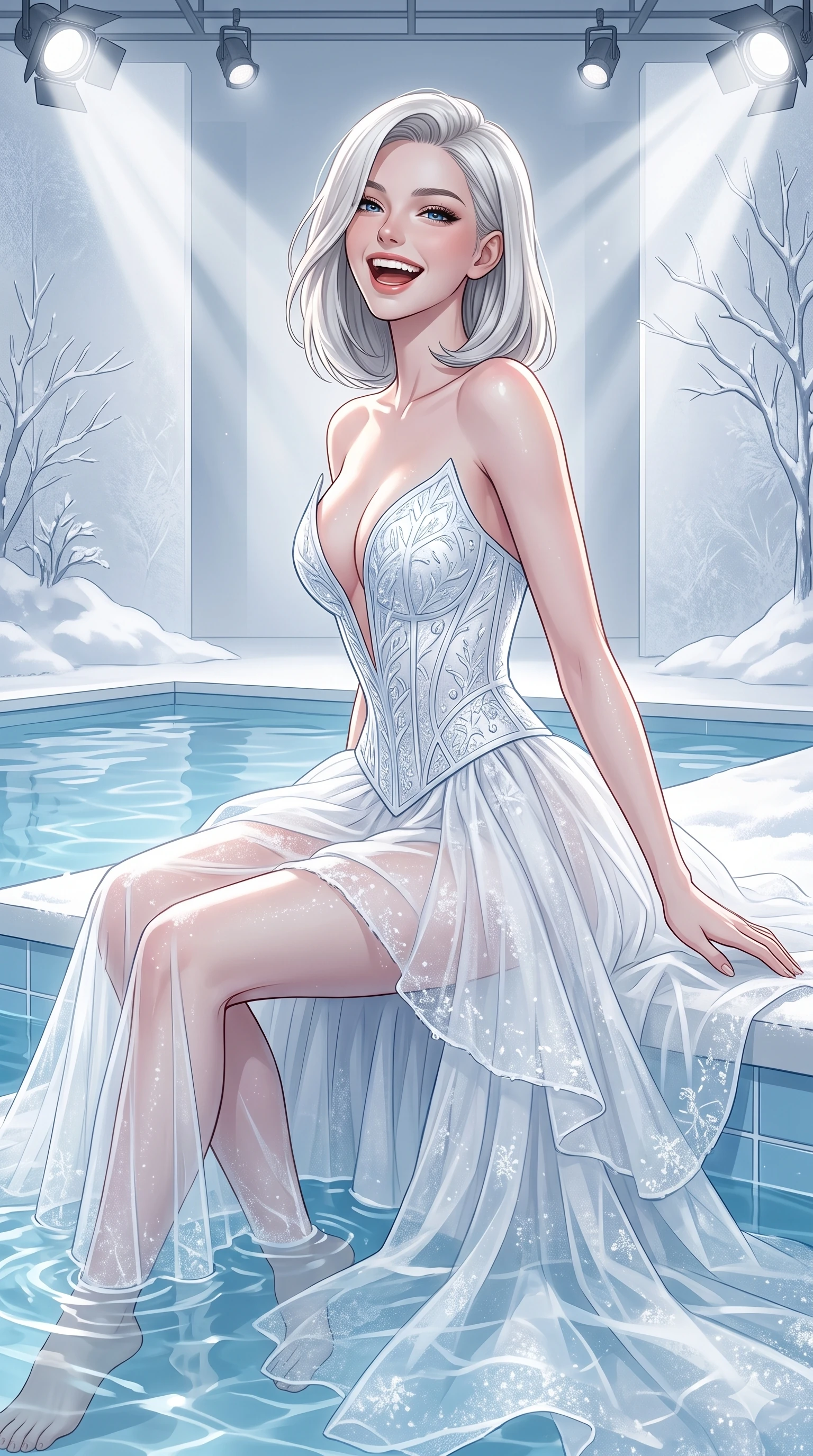 score_9, masterpiece, best quality, ultra-detailed, high-budget anime keyframe, vibrant anime aesthetic, Caucasian woman, strictly human ears. cowboy shot from the thighs up, character and outfit filling the frame for maximum presence. She is sitting by the pool, looking over her shoulder with a happy winter laugh inside a high-fashion studio with winter white backdrops (Code-P21-134). She has an absolutely perfect 8-heads proportion, an exceptionally tall and slender female figure with impossibly long slender legs and an ultra-slim waist. V-shaped jawline, high-bridge nose, intricate jewel-like eyes with depth, thick eyelashes, glossy lips with a natural sheen. wearing a custom corset with a plunging neckline showing her cleavage, paired with a sheer skirt in snow. She is illuminated by bright, direct sunbeams in a photography studio, creating clean outlines. 2k, ultra detail, master piece, 9:16 ratio