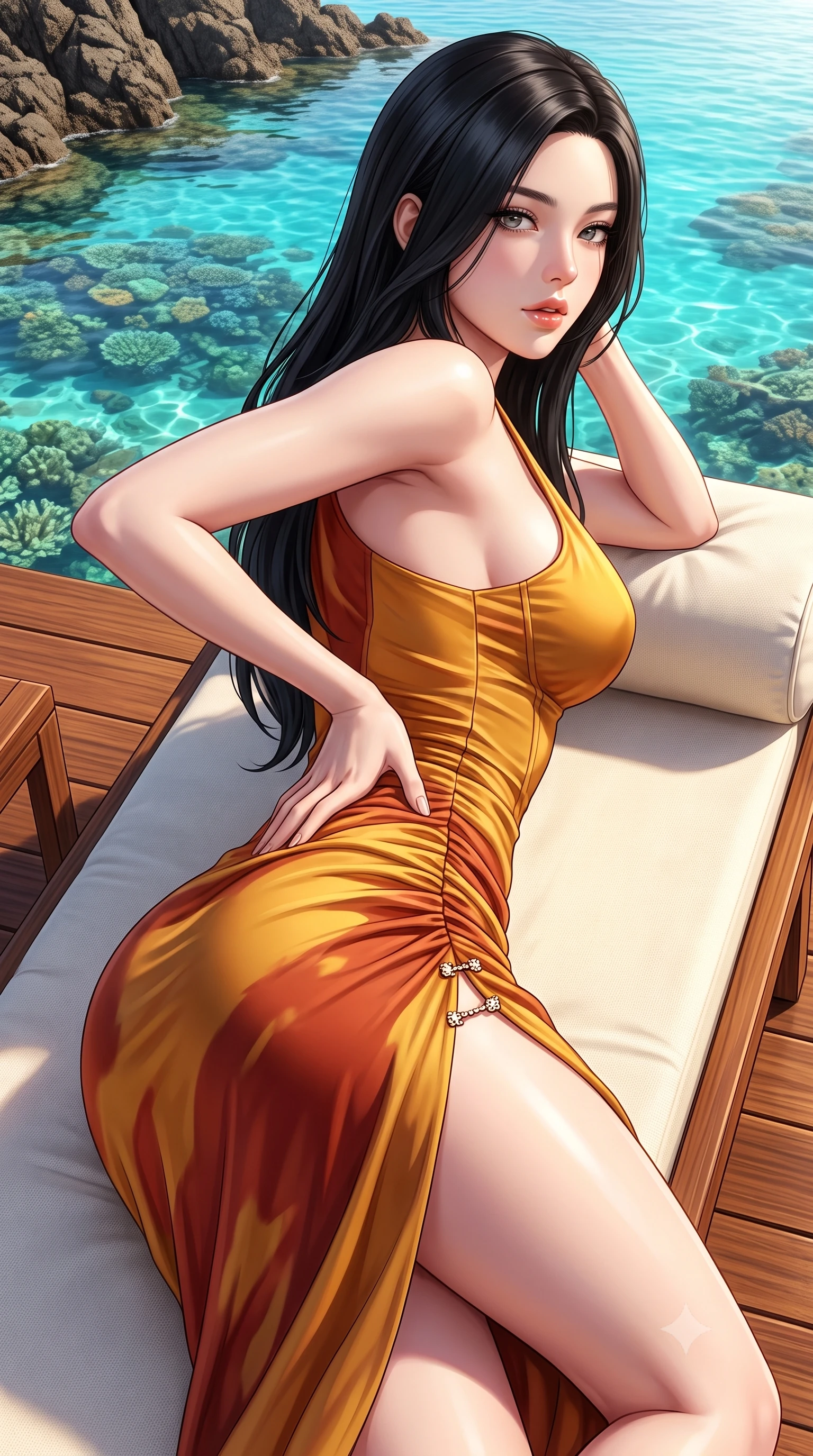 score_9, masterpiece, best quality, ultra-detailed, high-budget anime keyframe, semi-realistic 3D game render, editorial fashion photography, tasteful artistic composition, Korean woman. close-up cowboy shot from the waist and thighs up, the character dominates the composition, filling the frame with her large presence. posing in an alluring rear three-quarter angle, arching her lower back in a pronounced S-curve with one hand on her hip, glancing seductively over her bare shoulder with parted glossy lips while reclining across an ivory canvas daybed propped on one elbow, her curvy hips and long slender legs bathed in radiant South Pacific sun. The surrounding environment is rendered in vivid detail and crisp panoramic clarity. sharp polished ironwood deck grain, clear coral reef formations visible through glass-clear water, and volcanic rock ridges in deep focus. She has an exceptionally elegant, slender, and willowy female figure with an ultra-slim waist, flat toned midriff, narrow ribcage, and sculpted feminine hips creating an alluring, slim hourglass silhouette without bulk. sharp v-shaped jawline, high-bridge nose, intricate jewel-like eyes with depth, thick eyelashes, glossy parted lips with a natural sheen, intensely captivating and seductive bedroom-eyes expression, flawlessly proportioned anatomical accuracy, strict slender model proportions, natural body alignment, perfectly sculpted long slender limbs, ultra-slim waistline, clean dynamic posture without body distortion. wearing a form-contouring cocktail dress with an asymmetrical open shoulder and hip-defining ruching in molten desert gold and burnt terracotta, made of fluid silk crepe with delicate inner corsetry boning, finished with an ultra-high side slit secured by miniature jeweled clasps, the second-skin form-contouring cut accentuating her sculpted flat midriff, narrow delicate ribcage, and gracefully curvy hips with supermodel precision. bathed in brilliant South Pacific golden afternoon sunlight and vibrant turquoise water bounce fill. highly saturated vibrant anime colors, detailed shading with soft gradients, rich glossy textures, high-contrast stereoscopic depth, volumetric dynamic lighting, master piece, 9:16 ratio