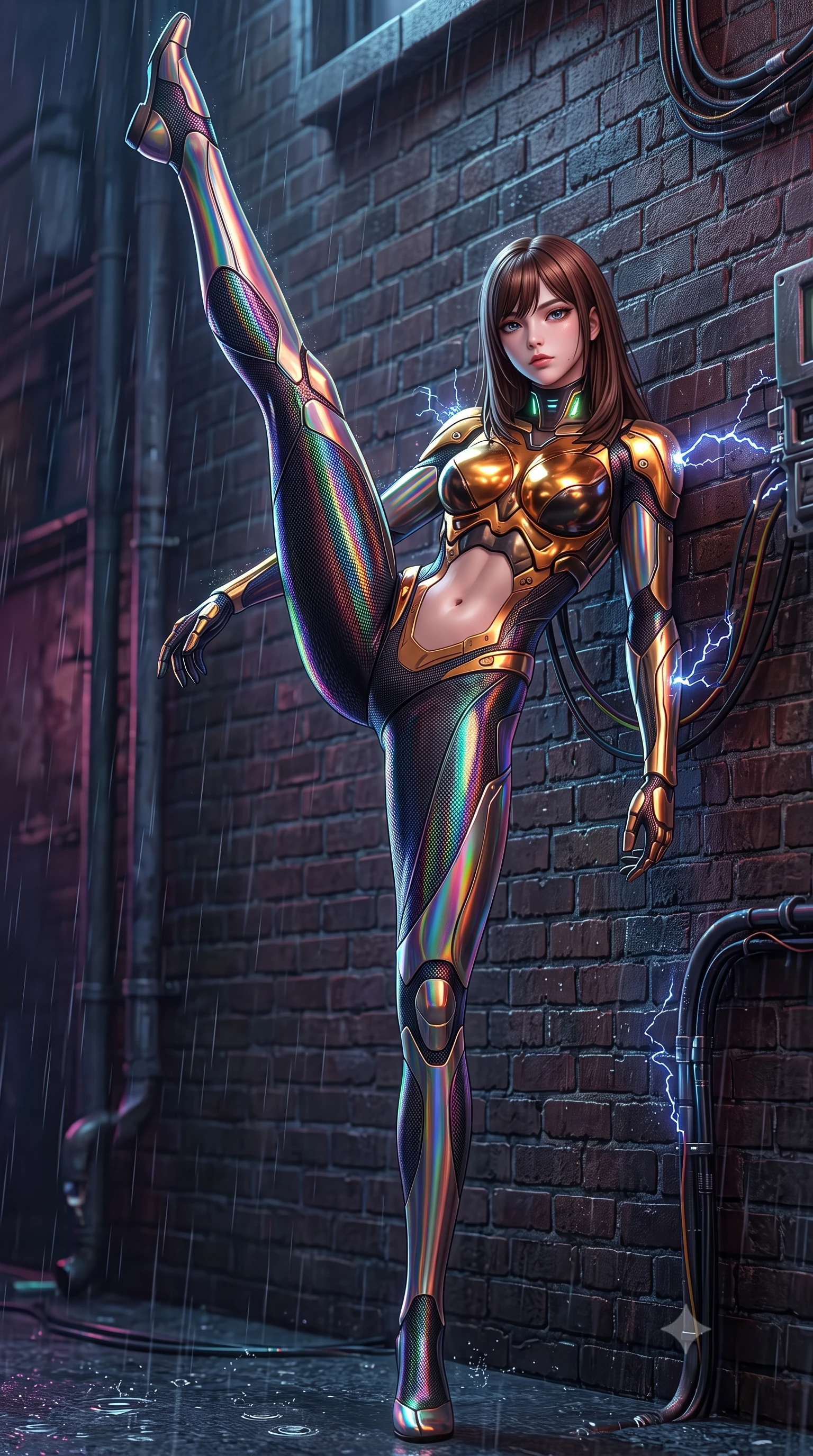 score_9, masterpiece, best quality, ultra-detailed, high-budget anime keyframe, semi-realistic 3D game render, editorial fashion photography, tasteful artistic composition, Korean woman. low angle full-body shot from head to toe showing her feet, filling the entire 9:16 vertical frame with her statuesque presence, stretching her vertical silhouette. executing a breathtaking zero-gravity high-kick with full 180-degree vertical extension, her impossibly long slender legs dominating the frame with razor-sharp poise while leaning against a rain-streaked brick wall with arms crossed loosely, casting a smoldering, haughty gaze into the lens. The surrounding environment is rendered in vivid detail and crisp panoramic clarity. intricate cybernetic conduit wires on armor, electric arc discharge filaments, and puddle ripples in high resolution. She has an absolutely perfect, statuesque 8.5-heads proportion, an exceptionally tall and slender model-like female figure with impossibly long slender legs, a toned flat midriff, and an ultra-slim waist. sharp v-shaped jawline, high-bridge nose, intricate jewel-like eyes with depth, thick eyelashes, glossy lips with a natural sheen, flawlessly proportioned anatomical accuracy, strict slender model proportions, natural body alignment, perfectly sculpted long slender limbs, ultra-slim waistline, clean dynamic posture without body distortion. wearing a sculpted molten-gold and dark carbon cuirass paired with high-mobility combat leggings and kinetic energy channels in high-gloss iridescent rainbow carbon with prism holographic sheen, tailored from flexible second-skin carbon-mesh that clings flawlessly to her athletic curves, featuring a sleek aerodynamic collar framed by subtle glowing cybernetic status LEDs, the form-contouring material adhering flawlessly to her sculpted flat midriff and slender torso, emphasizing her long leg lines and perfectly proportioned willowy build. illuminated by wet reflective highlights tracing her sculpted flat midriff, waist, and long legs. rich saturated anime colors with glowing neon highlights, detailed shading with soft gradients, rich glossy textures, high-contrast stereoscopic depth, volumetric dynamic lighting, master piece, 9:16 ratio