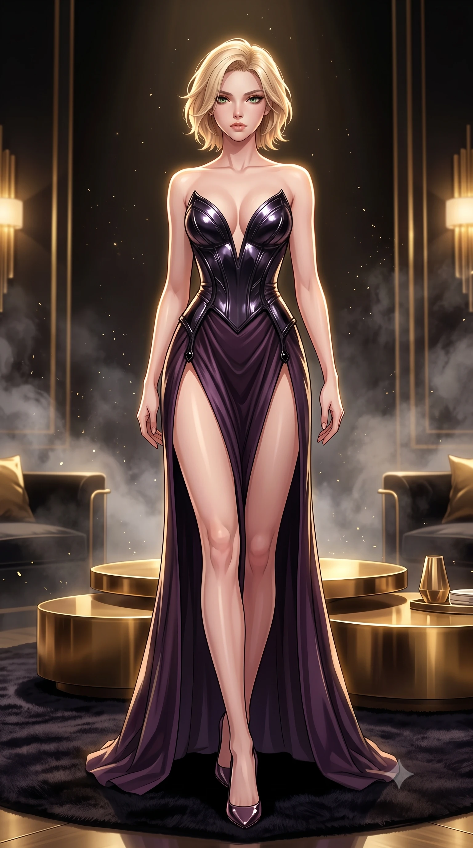 score_9, masterpiece, best quality, ultra-detailed, high-budget anime keyframe, editorial fashion photography, tasteful artistic composition, Caucasian woman. low angle full-body shot from head to toe showing her feet, filling the entire 9:16 vertical frame with her statuesque presence, stretching her vertical silhouette. forging confidently through the floating mist, holding a poised statuesque stance, poised on a dark velvet rug surrounded by low warm brass coffee tables, opulent high-fashion editorial aesthetic. She has an absolutely perfect, statuesque 8.5-heads proportion, an exceptionally tall and slender model-like female figure with impossibly long slender legs and an ultra-slim waist. sharp v-shaped jawline, high-bridge nose, intricate jewel-like eyes with depth, thick eyelashes, glossy lips with a natural sheen. wearing low-cut gothic structured bodice gown with high leg slit in dark plum violet, made of sculpted obsidian metallic chrome, adorned with minimalist black onyx hardware framing the silhouette, the fitted fabric emphasizing her ultra-slim waist. surrounded by a regal gold and black ambiance with crisp rim lights. highly saturated vibrant anime colors, detailed shading with soft gradients, rich glossy textures, high-contrast stereoscopic depth, volumetric dynamic lighting, master piece, 9:16 ratio