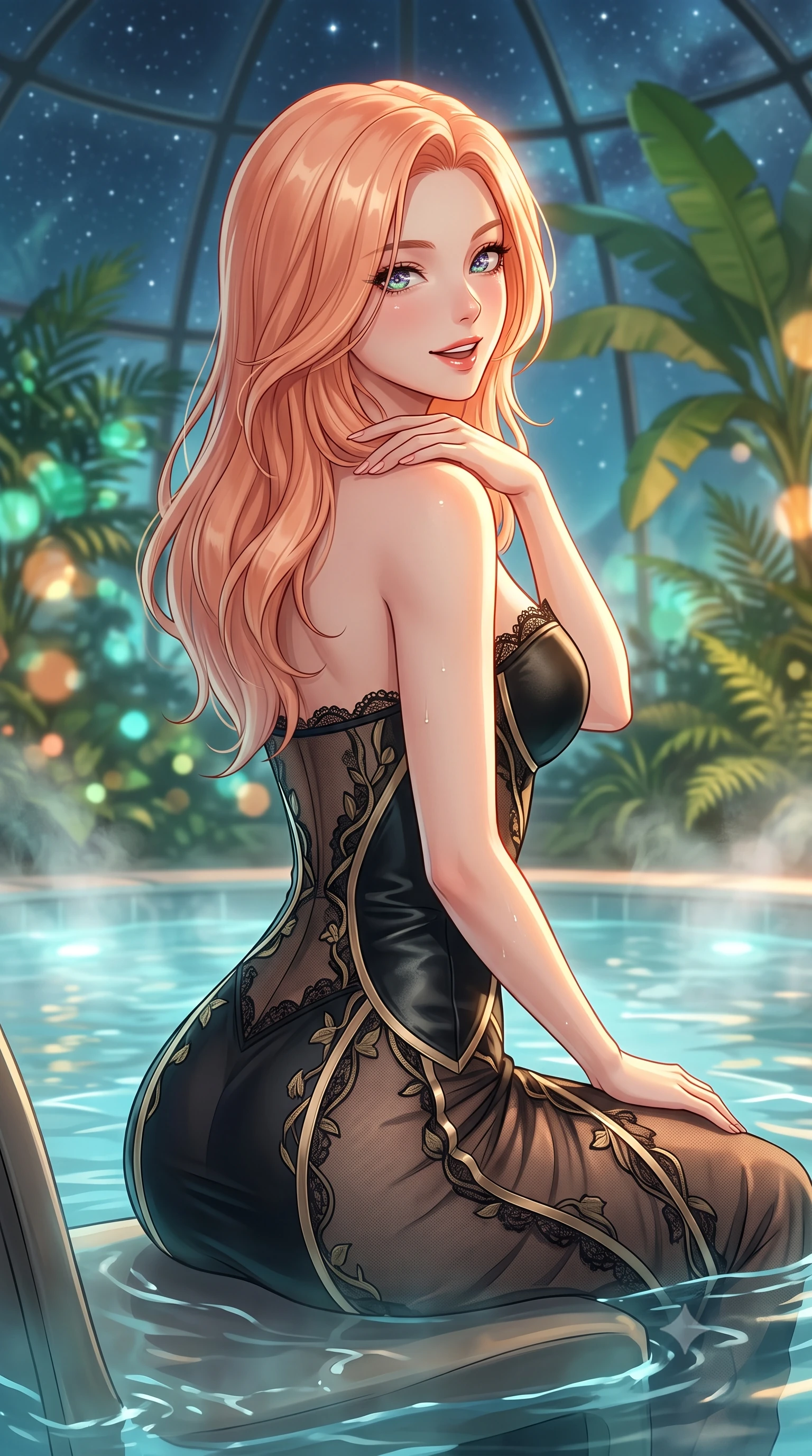 score_9, masterpiece, best quality, ultra-detailed, high-budget anime keyframe, editorial fashion photography, tasteful artistic composition, Japanese woman. close-up cowboy shot from the waist and thighs up, the character dominates the composition, filling the frame with her large presence. posing in an alluring rear three-quarter angle, looking over a bare shoulder with parted glossy lips, her hips cocked back to highlight her slim hourglass curve while sitting gracefully on the submerged pool seat with water lapping at her waist, running one manicured hand slowly down her neck with magnetic poise. The background shows a soft-focus steaming indoor thermal pool, lush subarctic greenhouse banana palms and ferns, and starry subpolar sky through glass dome blurred into emerald, turquoise, and amber bokeh. She has an exceptionally elegant, slender, and willowy female figure with an ultra-slim waist, flat toned midriff, narrow ribcage, and sculpted feminine hips creating an alluring, slim hourglass silhouette without bulk. sharp v-shaped jawline, high-bridge nose, intricate jewel-like sparkling eyes with depth, thick eyelashes, glossy parted lips with a natural peach sheen, bright cheerful beaming smile with an enchanting and coquettish sensual glint, exuding both youthful cute charm and seductive allure, flawlessly proportioned anatomical accuracy, strict slender model proportions, natural body alignment, perfectly sculpted long slender limbs, ultra-slim waistline, clean dynamic posture without body distortion. wearing a provocative sheer noir illusion mesh cocktail dress with embroidered climbing ivy ribbons contouring her curves in deep midnight obsidian black and champagne gold, woven from buttery-soft stretch lambskin leather adhering to her body like a second skin, finished with scalloped eyelash lace trim framing her sweetheart neckline with intimate elegance, the glove-like clinging cut tightly following the natural contour of her hips and long slender legs with youthful 8.5-heads elegance. bathed in warm 2600K botanical grow lamps combined with turquoise underwater pool LEDs and clear Arctic starlight through glass. ultra-reflective glossy finish, specular highlights, rich textural contrasts, high-contrast stereoscopic depth, volumetric dynamic lighting, 2k, ultra detail, master piece, 9:16 ratio