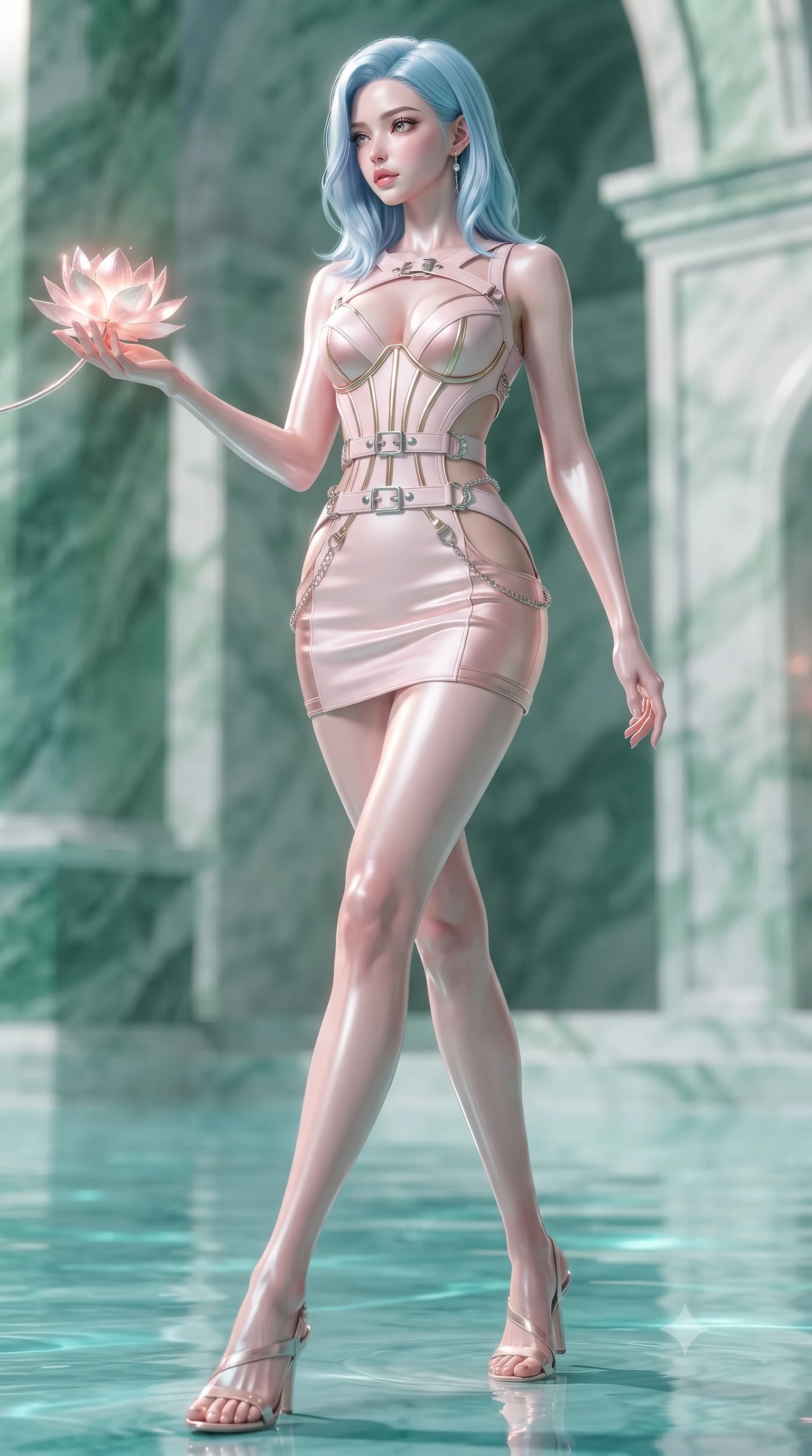 score_9, masterpiece, best quality, ultra-detailed, high-budget anime keyframe, editorial fashion photography, tasteful artistic composition, Korean woman. low angle full-body shot from head to toe showing her feet, filling the entire 9:16 vertical frame with her statuesque presence, stretching her vertical silhouette. navigating the celestial sanctuary with an effortless, graceful stride, touching a bioluminescent lotus blossom emitting soft rose-gold light, soft green and white marble architecture in background soft-focus. She has an absolutely perfect, statuesque 8.5-heads proportion, an exceptionally tall and slender model-like female figure with impossibly long slender legs and an ultra-slim waist. sharp v-shaped jawline, high-bridge nose, intricate jewel-like eyes with depth, thick eyelashes, glossy lips with a natural sheen. wearing architectural cut-out pale pink leather mini dress with sculpted gold boning in glowing ivory, made of soft rose-gold satin, framed by polished silver buckles and delicate chain details, following her slender form with tailored precision. bathed in serene turquoise water reflections and bright pastel highlights. ultra-reflective glossy finish, specular highlights, metallic sheen, high-contrast stereoscopic depth, volumetric dynamic lighting, 2k, ultra detail, master piece, 9:16 ratio