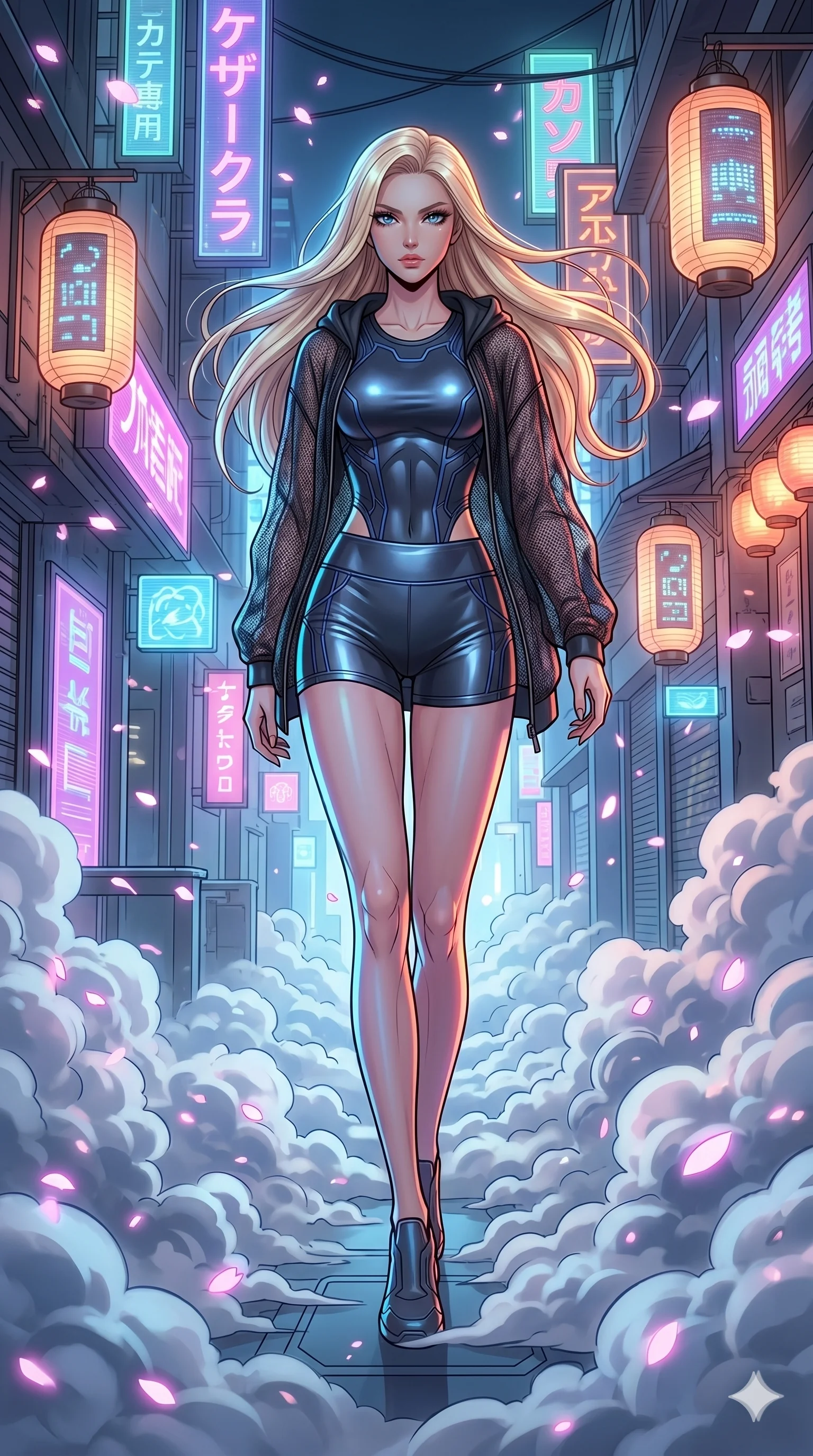 score_9, masterpiece, best quality, ultra-detailed, high-budget anime movie keyframe, cinematic anime lighting, intricate line art, Japanese woman. Low angle cowboy shot filling the entire 9:16 frame with her statuesque presence. navigating a sea of clouds in a neon-lit cyberpunk alleyway with digital sakura petals. She has an absolutely perfect 8-heads proportion, an exceptionally tall and slender female figure with an ultra-slim waist and impossibly long slender legs. sharp v-shaped jawline, high-bridge nose, intricate jewel-like eyes, thick eyelashes, glossy lips. Wearing premium athleisure set with a metallic-finish compression top, high-cut yoga shorts that accentuate her long legs, and a sheer oversized hoodie. The scene is illuminated by dramatic atmospheric lighting and vibrant color palettes. , 2k, ultra detail, master piece, 9:16 ratio
