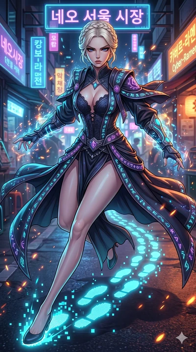 score_9, masterpiece, best quality, ultra-detailed, Set A: High-budget Anime Keyframe, Japanese woman. Upper body close-up from the thighs up, character filling the screen for maximum presence. Sliding through a neon-lit Neo-Seoul market, as she leav
