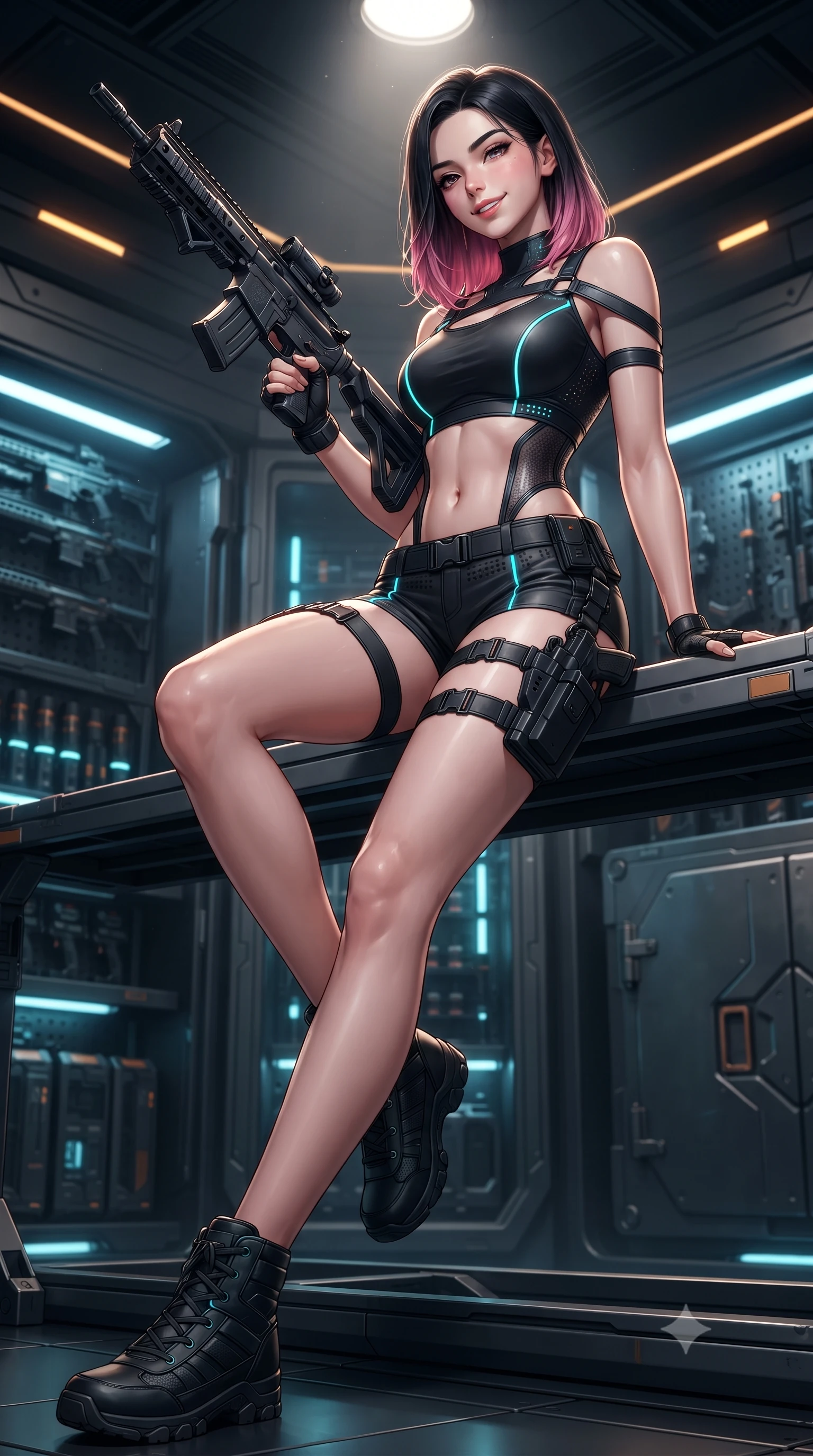 score_9, masterpiece, best quality, ultra-detailed, high-budget anime keyframe, editorial fashion photography, tasteful artistic composition, Korean woman. low angle full-body shot from head to toe showing her feet, filling the entire 9:16 vertical frame with her statuesque presence, stretching her vertical silhouette. sitting perched on the elevated maintenance gantry edge with legs crossed and hips angled toward the camera, displaying her toned midriff and long slender limbs with joyful, coquettish charm while standing poised between rows of glowing magnetic weapon racks, arching her back with dangerous seductive poise while inspecting an energy rifle. The surrounding environment is rendered in vivid detail and crisp panoramic clarity: sharp brushed steel gunmetal textures, plasma energy cell glowing vents, and heavy armored vault door bolts in deep focus. She has an absolutely perfect, statuesque 8.5-heads proportion, an exceptionally tall and slender model-like female figure with impossibly long slender legs, an ultra-slim waist, a flat toned midriff, narrow delicate ribcage, and beautifully sculpted feminine hips creating a graceful, slim hourglass silhouette without any bulky heaviness. sharp v-shaped jawline, high-bridge nose, intricate jewel-like sparkling eyes with depth, thick eyelashes, glossy parted lips with a natural sheen, bright confident smile with an enchanting and coquettish sensual glint, exuding both youthful magnetic charm and sovereign high-tech allure, flawlessly proportioned anatomical accuracy, strict slender model proportions, natural body alignment, perfectly sculpted long slender limbs, ultra-slim waistline, clean dynamic posture without body distortion. wearing a high-tech mechanic crop top with asymmetric shoulder straps paired with ultra-fitted tactical hot-pants and thigh holsters in matte obsidian black and glowing neon cyan trim, made of high-grade ballistic nylon with precision laser-cut perforations, finished with delicate carbon-fiber boning framing the narrow waistline, the high-waisted tailoring accentuating her ultra-slim waistline and the enchanting curve of her feminine hips with alluring dark charm. illuminated by focused overhead spotlighting and sharp amber rim lights defining her slim torso, narrow waist, and curvy hips. ultra-reflective glossy finish, specular highlights, rich textural contrasts, high-contrast stereoscopic depth, volumetric dynamic lighting, 2k, ultra detail, master piece, 9:16 ratio