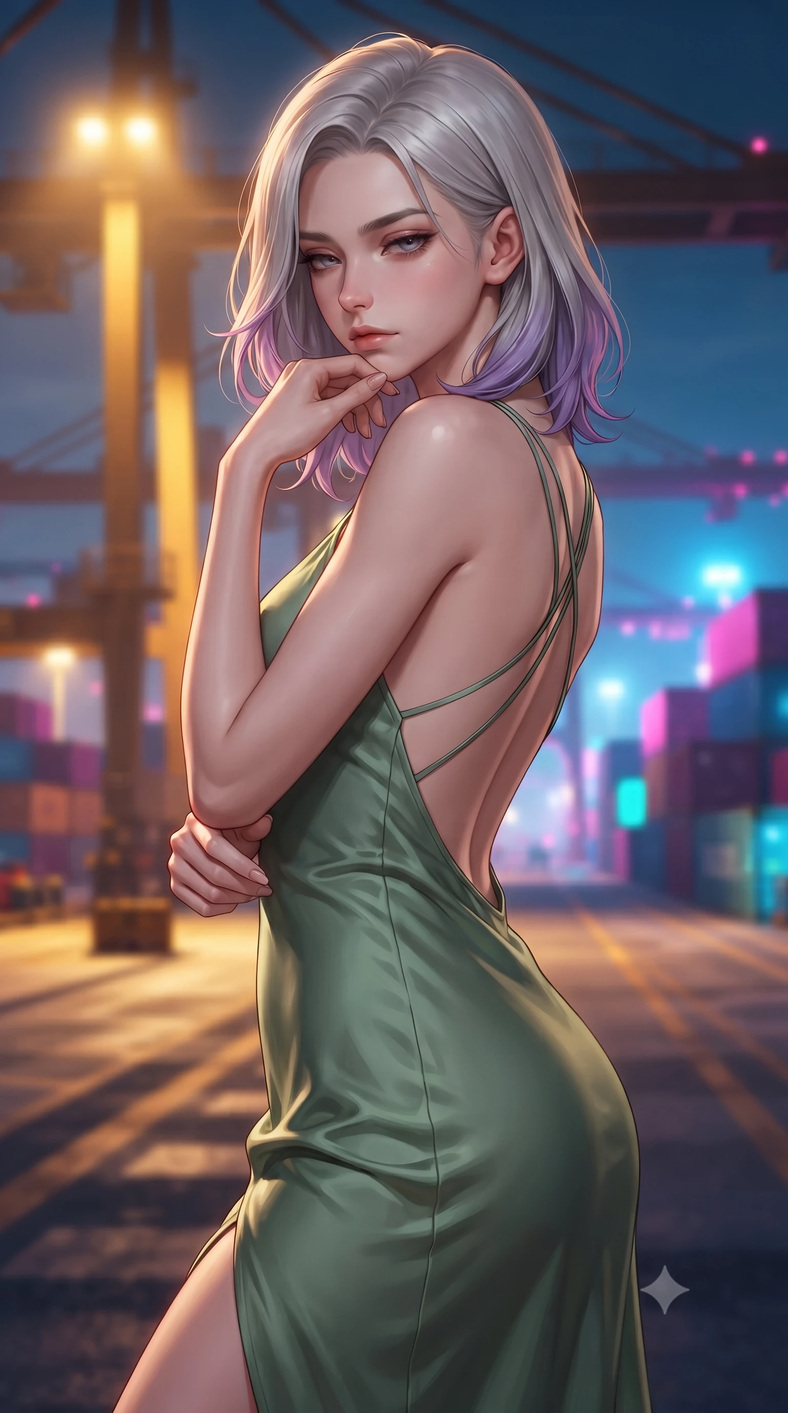 score_9, masterpiece, best quality, ultra-detailed, high-budget anime keyframe, editorial fashion photography, tasteful artistic composition, Caucasian woman. close-up cowboy shot from the waist and thighs up, the character dominates the composition, filling the frame with her large presence, background elements kept in soft focus. resting her chin on the backs of her fingers, casting a heavy-lidded, sultry look past the camera the background shows a soft-focus an industrial dock crane platform overlooking a neon container port at dusk. She has an exceptionally elegant, slender, and willowy female figure with an ultra-slim waist, a gracefully sculpted slender torso, and a refined silhouette. sharp v-shaped jawline, high-bridge nose, intricate jewel-like eyes with depth, thick eyelashes, glossy lips with a natural sheen. wearing a form-contouring lightweight silk sundress in sage green with a dramatic open-back and thin criss-cross straps. harsh sodium yellow spotlights casting long dramatic industrial shadows. highly saturated vibrant anime colors, detailed shading with soft gradients, rich glossy textures, high-contrast stereoscopic depth, volumetric dynamic lighting, master piece, 9:16 ratio