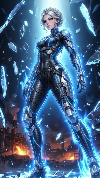 Intense sci-fi action sequence. A woman in a black carbon-fiber combat suit stands amidst an explosion of floating glass shards and blue energy sparks. In the background, an industrial furnace glows with molten metal. She prepares for battle with a d