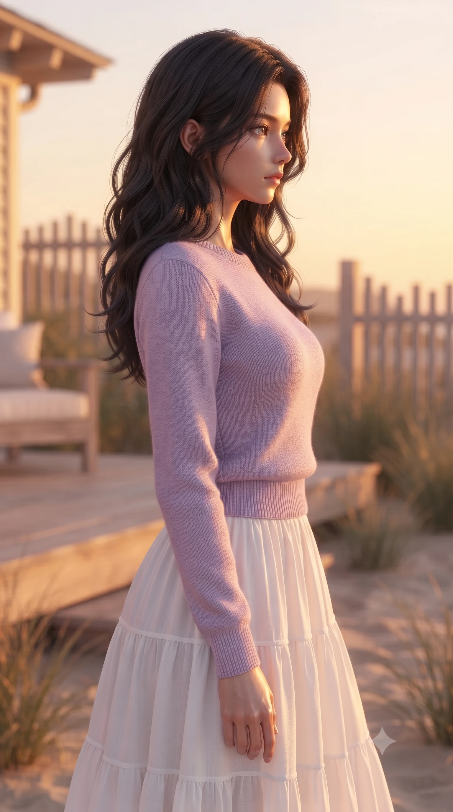 score_9, masterpiece, best quality, ultra-detailed, high-budget anime keyframe, editorial fashion photography, tasteful artistic composition, Korean woman. close-up cowboy shot from the waist and thighs up, the character dominates the composition, filling the frame with her large presence, background elements kept in soft focus. turning her face in sharp profile, casting a cold, mysterious, yet intensely alluring side gaze, the background shows a soft-focus a cozy cottage deck in the desert oasis, surrounded by beachgrass and wooden fences. She has an exceptionally elegant, slender, and willowy female figure with an ultra-slim waist, a gracefully sculpted slender torso, and a refined silhouette. sharp v-shaped jawline, high-bridge nose, intricate jewel-like eyes with depth, thick eyelashes, glossy lips with a natural sheen. wearing a tailored soft lavender knit sweater paired with a flowy white cotton maxi skirt. warm sunset light casting a peaceful, cozy orange wash on her figure. ultra-reflective glossy finish, specular highlights, metallic sheen, high-contrast stereoscopic depth, volumetric dynamic lighting, 2k, ultra detail, master piece, 9:16 ratio