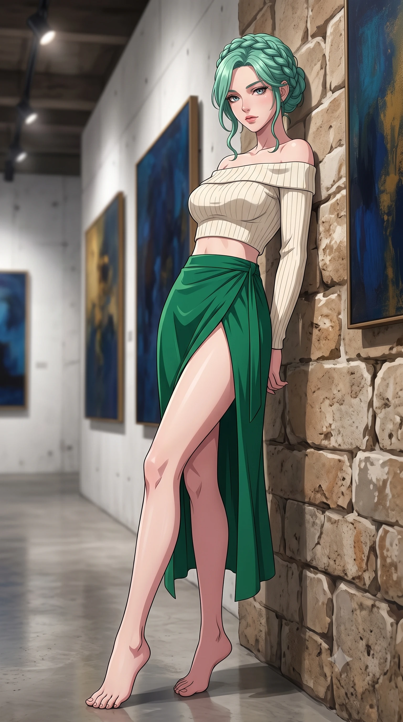 score_9, masterpiece, best quality, ultra-detailed, high-budget anime keyframe, tasteful artistic composition, Japanese woman. low angle full-body shot from head to toe showing her feet, filling the entire 9:16 vertical frame with her statuesque presence, stretching her vertical silhouette. leaning back against a rustic stone wall, casting a slow, alluring gaze at the camera the background shows a soft-focus a private art gallery corridor with white concrete walls and abstract oil paintings. She has an absolutely perfect, statuesque 8.5-heads proportion, an exceptionally tall and slender model-like female figure with impossibly long slender legs and an ultra-slim waist. sharp v-shaped jawline, high-bridge nose, intricate jewel-like eyes with depth, thick eyelashes, glossy lips with a natural sheen. wearing a form-contouring cropped off-shoulder knit top in cream paired with a high-slit wrap skirt in emerald green. focused art spotlights casting clean, structured lighting over her figure. highly saturated vibrant anime colors, cel-shading, 2d style, master piece, 9:16 ratio