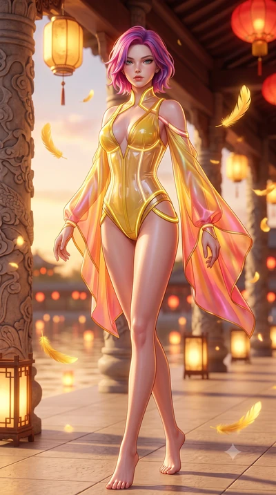 score_9, masterpiece, best quality, ultra-detailed, high-budget anime keyframe, semi-realistic 3D game render, editorial fashion photography, tasteful artistic composition, Caucasian woman. low angle full-body shot from head to toe showing her feet, 