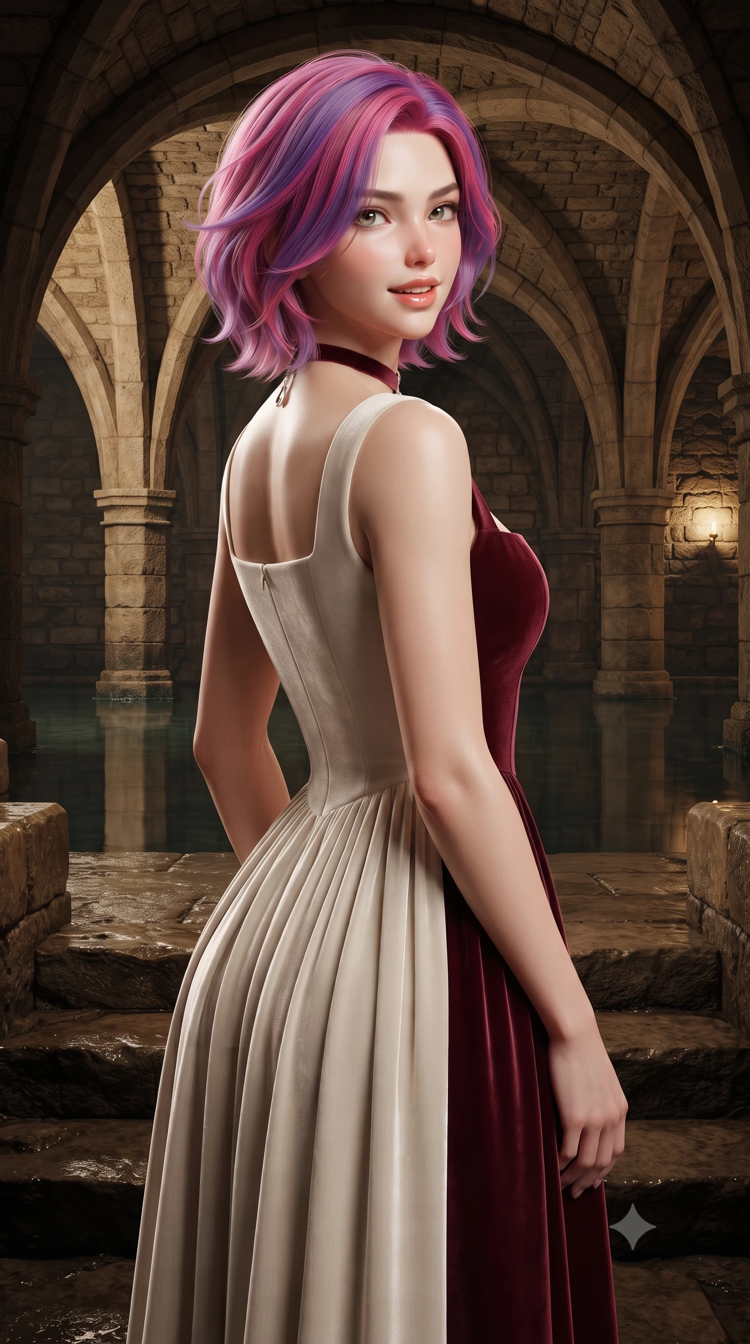 score_9, masterpiece, best quality, ultra-detailed, high-budget anime keyframe, editorial fashion photography, tasteful artistic composition, Caucasian woman. close-up cowboy shot from the waist and thighs up, the character dominates the composition, filling the frame with her large presence. posing in an alluring rear three-quarter angle, looking over a bare shoulder with parted glossy lips, her hips cocked back to highlight her slim hourglass curve while standing poised on the stone steps beside the subterranean mirror-calm rainwater basin beneath soaring gothic groin vaults, arching her spine with wet-look siren grace. The surrounding environment is rendered in vivid detail and crisp panoramic clarity: sharp rough-hewn sandstone vault ribs, perfectly still water surface reflections, and historic masonry joints in deep focus. She has an exceptionally elegant, slender, and willowy female figure with an ultra-slim waist, flat toned midriff, narrow ribcage, and sculpted feminine hips creating an alluring, slim hourglass silhouette without bulk. sharp v-shaped jawline, high-bridge nose, intricate jewel-like sparkling eyes with depth, thick eyelashes, glossy parted lips with a natural peach sheen, bright cheerful beaming smile with an enchanting and coquettish sensual glint, exuding both youthful cute charm and seductive allure, flawlessly proportioned anatomical accuracy, strict slender model proportions, natural body alignment, perfectly sculpted long slender limbs, ultra-slim waistline, clean dynamic posture without body distortion. wearing a classical Habsburg empire-line pleated velvet evening gown with modest square neckline in Belvedere ivory pearl and Habsburg bordeaux wine, tailored from ultra-plush silk velvet with rich tactile depth and deep shadow gradients, finished with a thin velvet ribbon choker and a single teardrop diamond pendant, the bespoke structured tailoring following the natural line of her 8.5-heads silhouette with refined elegance. illuminated by still pool specular bounce and sharp honey-gold rim lights defining her dewy collarbones, ultra-slim waist, and curvy hips. ultra-reflective glossy finish, specular highlights, rich textural contrasts, high-contrast stereoscopic depth, volumetric dynamic lighting, 2k, ultra detail, master piece, 9:16 ratio