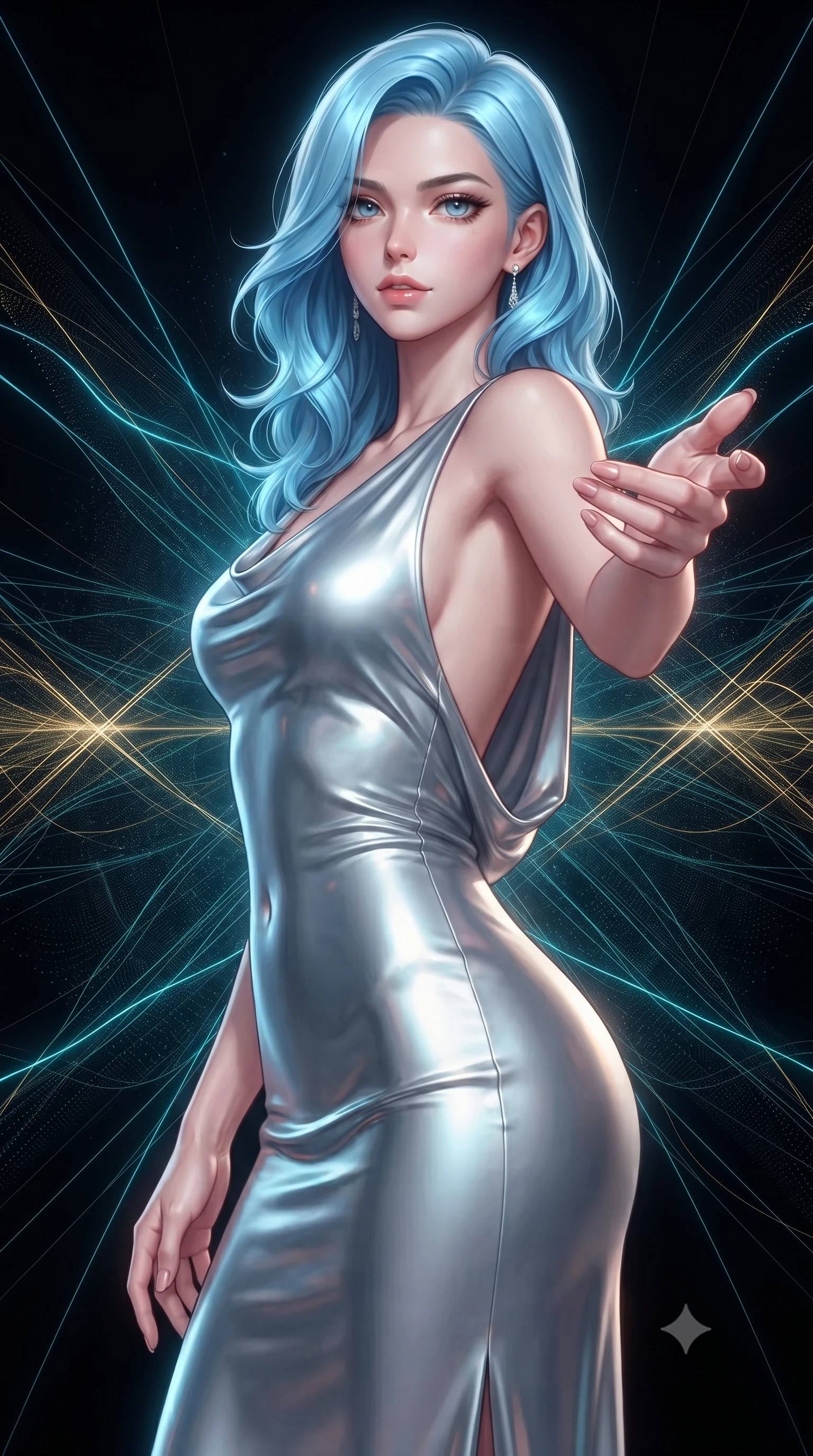 score_9, masterpiece, best quality, ultra-detailed, high-budget anime keyframe, editorial fashion photography, tasteful artistic composition, Korean woman. close-up cowboy shot from the waist and thighs up, the character dominates the composition, filling the frame with her large presence, background elements kept in soft focus. Reaching one hand gracefully toward the viewer with effortless superiority and allure standing in a dark void woven with thousands of cyan and gold light threads, fine light patterns reflecting off glossy surfaces on her outfit. She has an exceptionally elegant, slender, and willowy female figure with an ultra-slim waist, a gracefully sculpted slender torso, and a refined silhouette. sharp v-shaped jawline, high-bridge nose, intricate jewel-like eyes with depth, thick eyelashes, glossy lips with a natural sheen. wearing a precision-fitted liquid silver jersey bodycon dress with a graceful draped back, the form-contouring material highlighting her ultra-slim waist and long lines. illuminated by the brilliant glow of cyan and gold luminescent threads. highly saturated vibrant anime colors, detailed shading with soft gradients, rich glossy textures, high-contrast stereoscopic depth, volumetric dynamic lighting, master piece, 9:16 ratio
